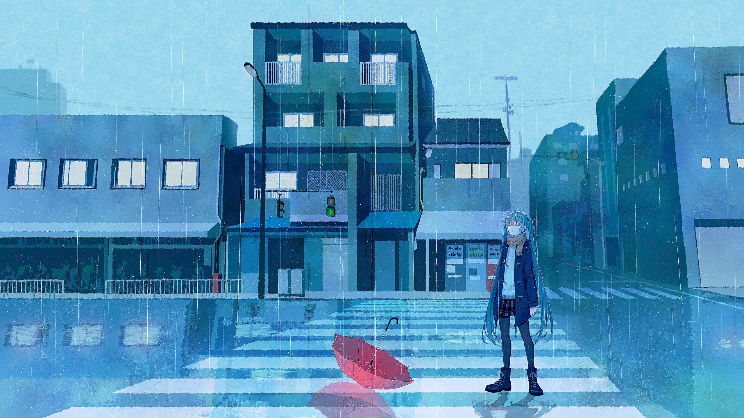 Hatsune Miku in the rain with a red umbrella HD Wallpaper