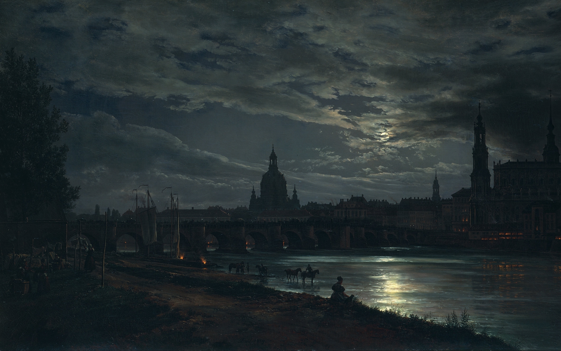 View of Dresden by Moonlight, painting HD Wallpaper