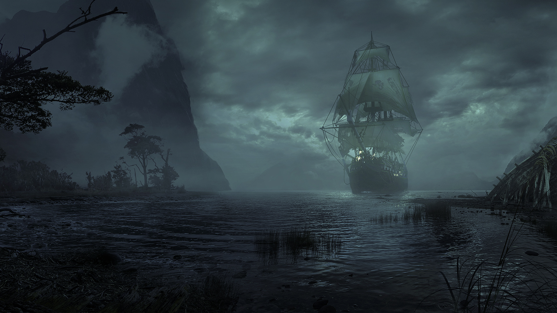 Sailing ship on a dark sea at night HD Wallpaper