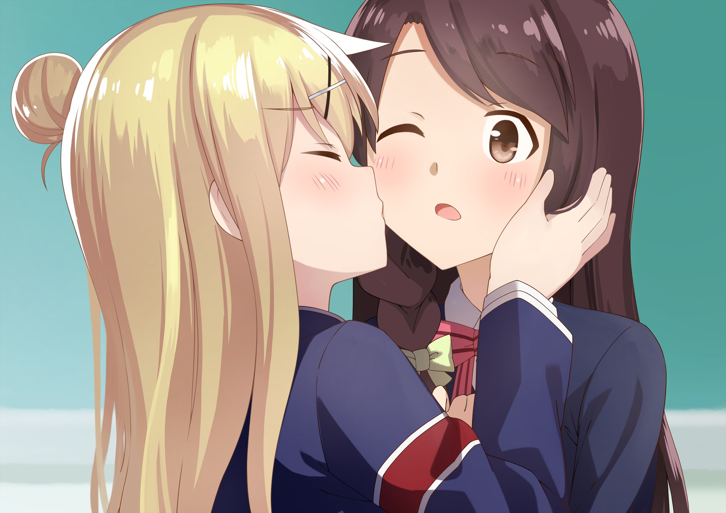 Kujou Karen kissing Honoka Matsubara from Kin-Iro Mosaic HD Wallpaper
