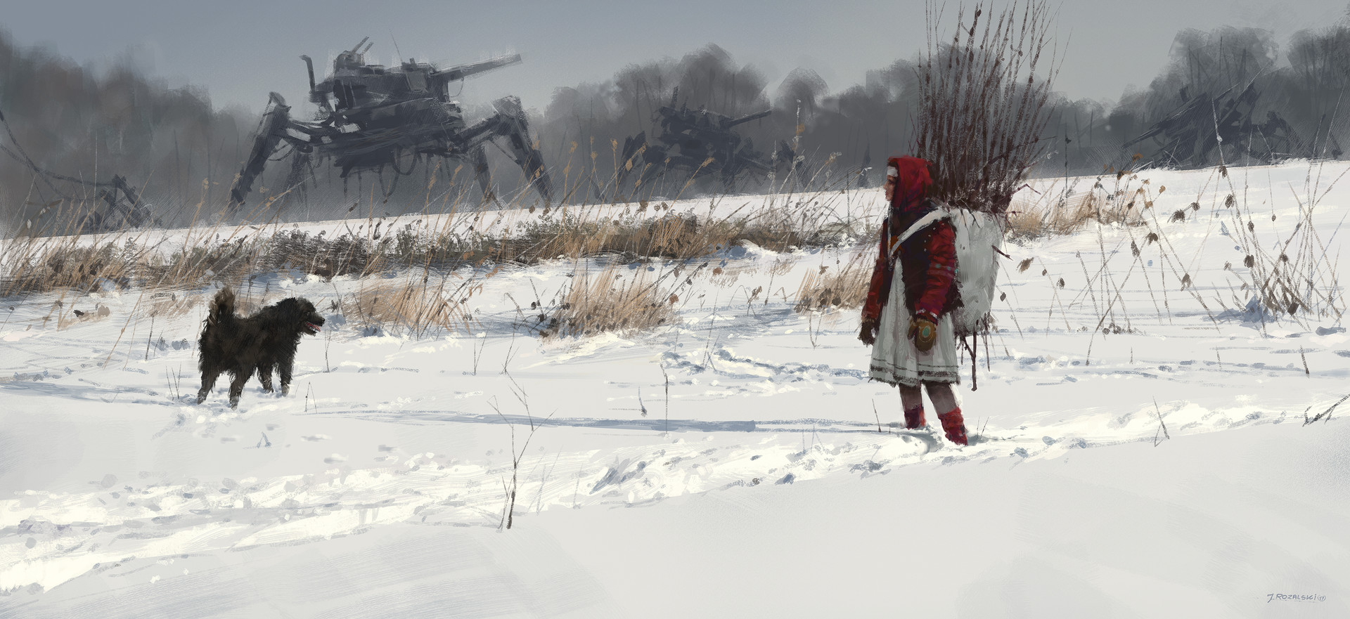 Girl and dog in snowy field with robots HD Wallpaper