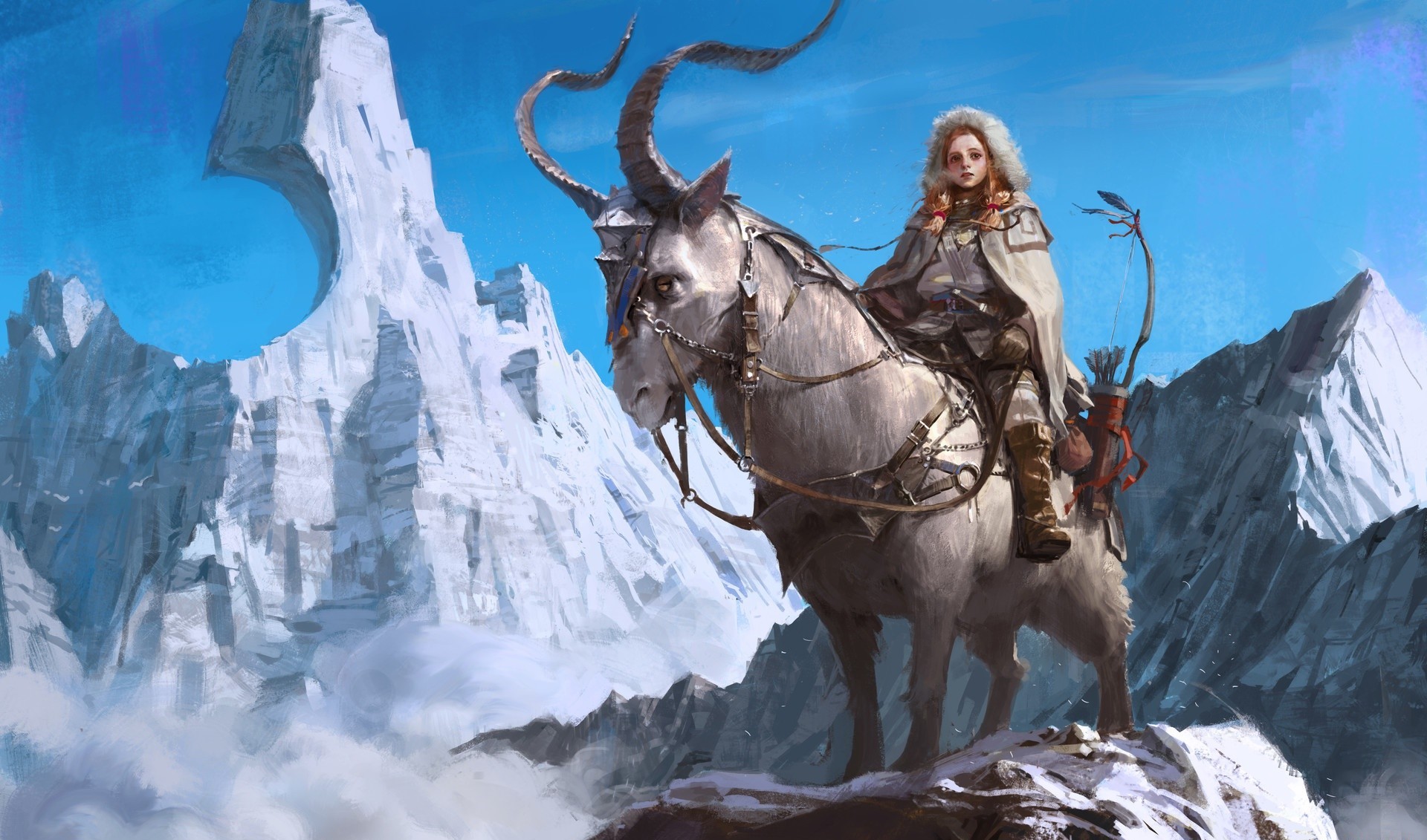 Fantasy girl riding a horned creature in snowy mountains HD Wallpaper