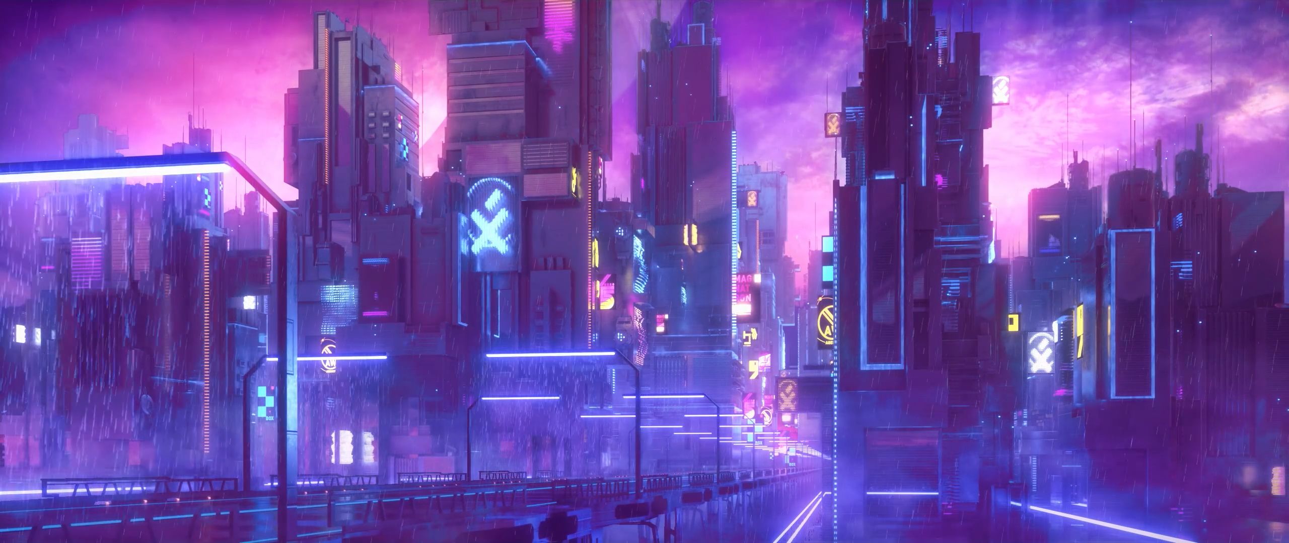 Cyberpunk city street at night with neon lights HD Wallpaper