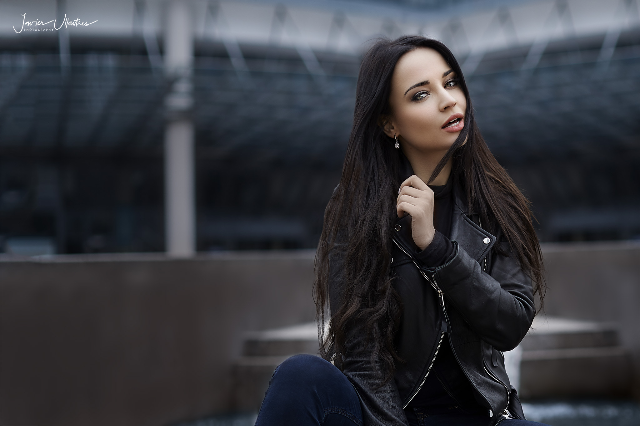 Angelina Petrova wearing a leather jacket outdoors HD Wallpaper