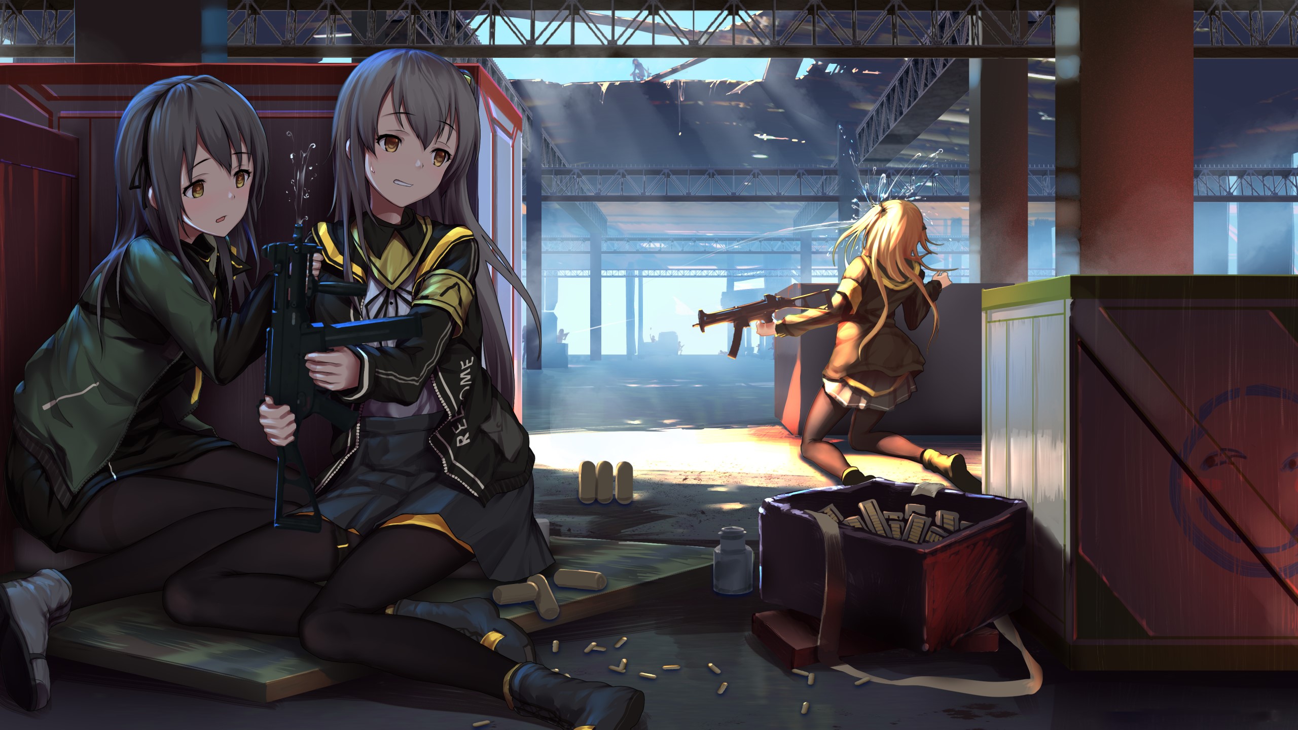 Girls with guns in a warehouse HD Wallpaper