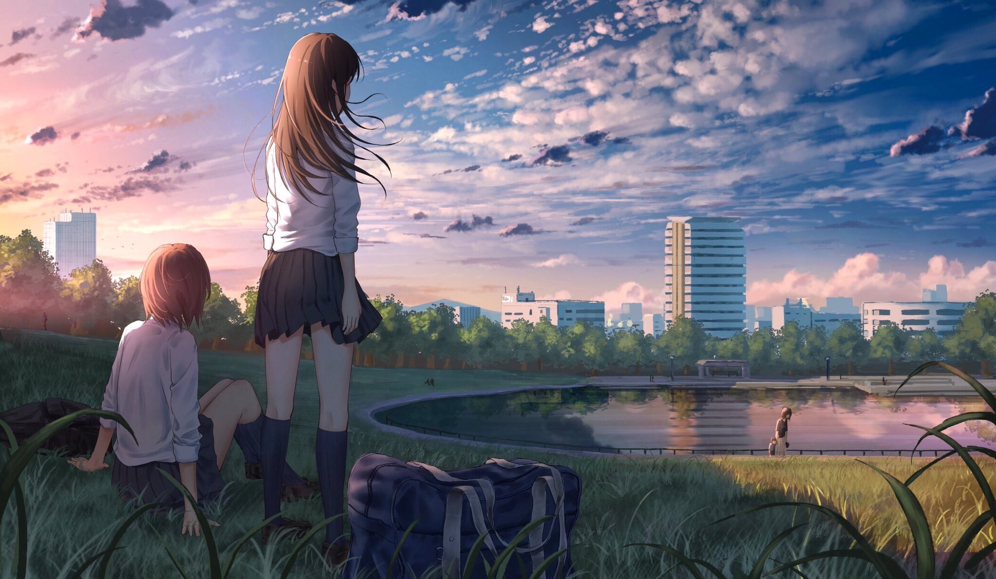 Anime girls in school uniforms by a lake at sunset HD Wallpaper
