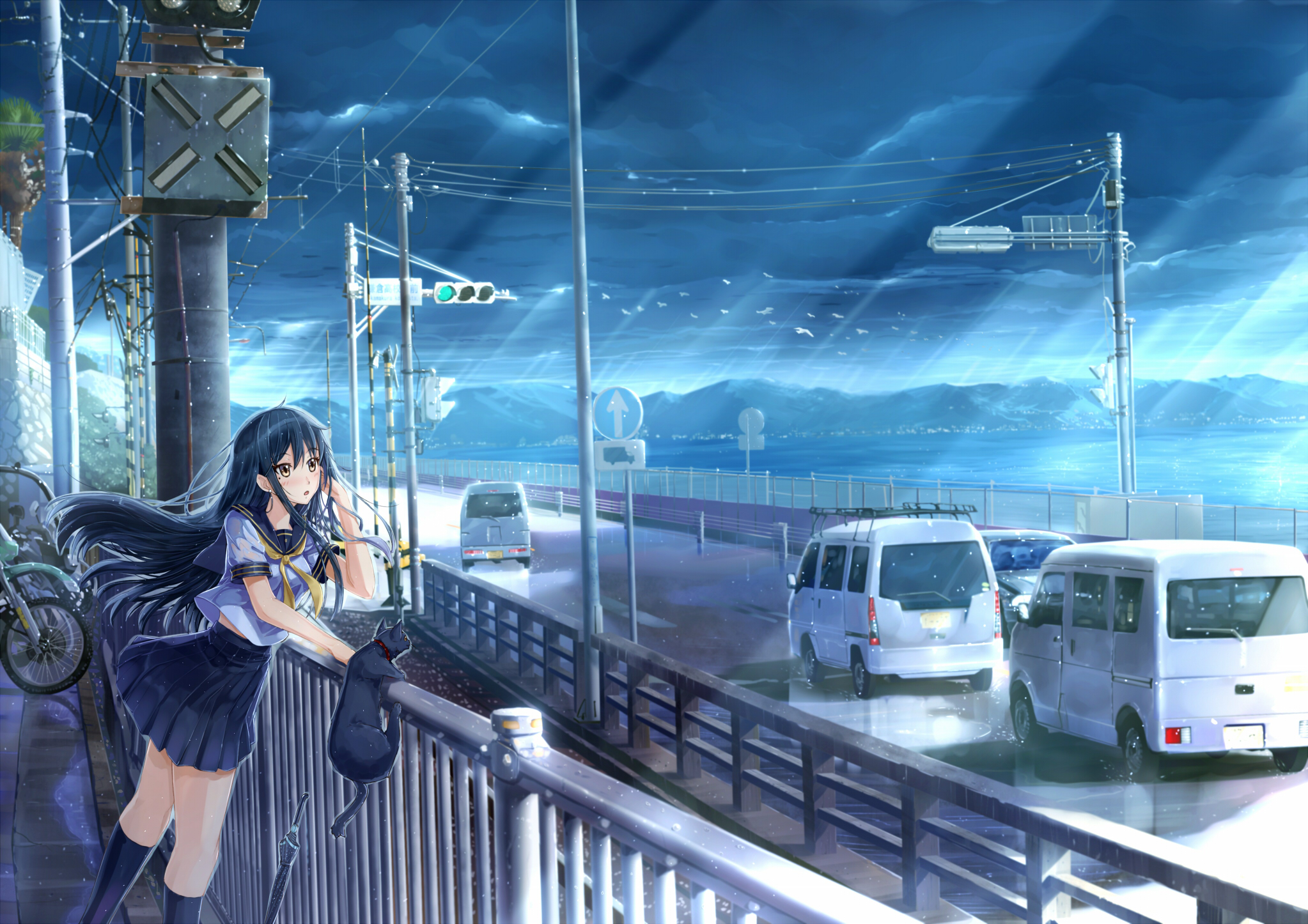Anime girl in school uniform with cat by the sea HD Wallpaper