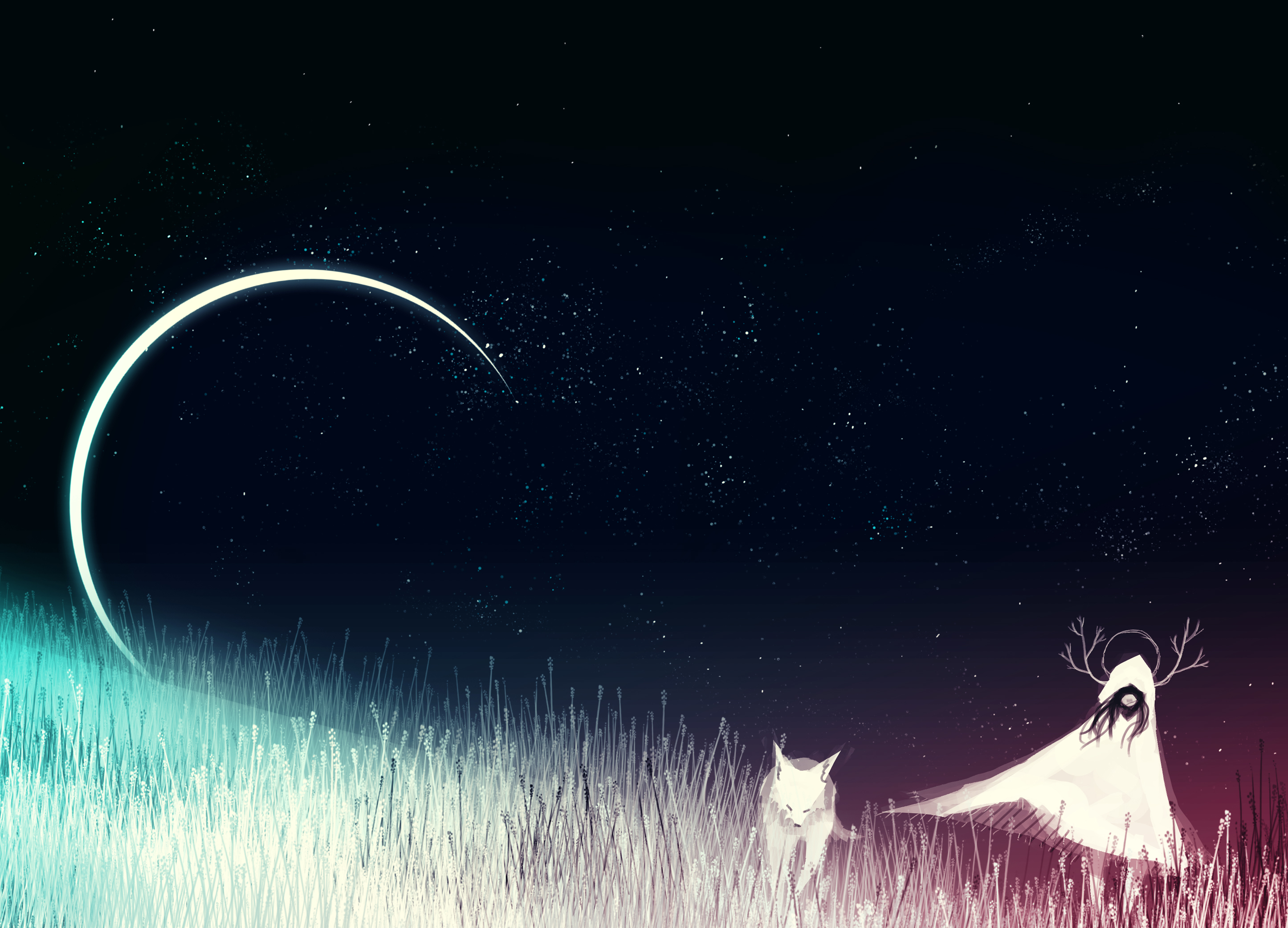 SagaTale digital art with a celestial crescent and a mystical figure HD Wallpaper