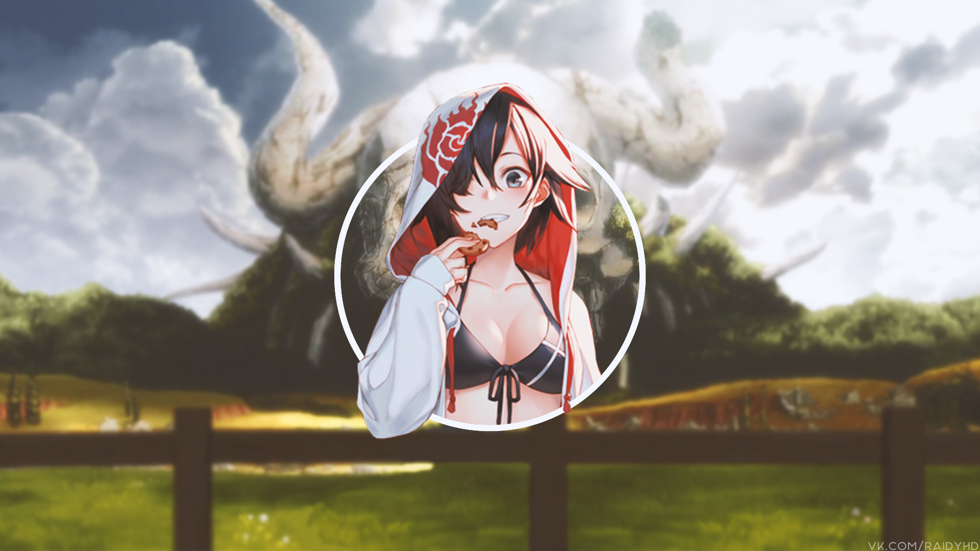 Anime girl eating cookie in front of giant creature HD Wallpaper
