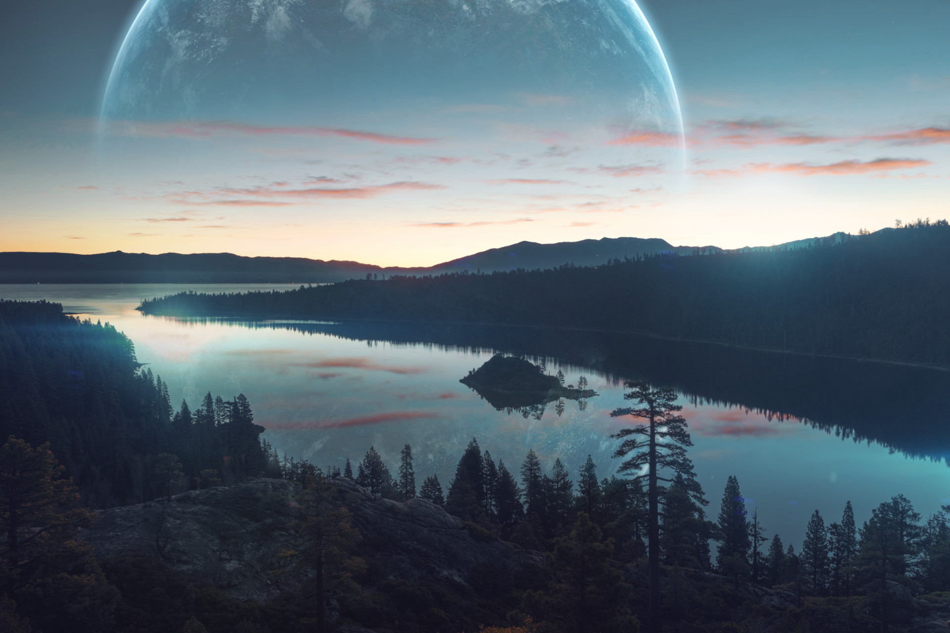 Fantasy planet over a lake and forest landscape HD Wallpaper
