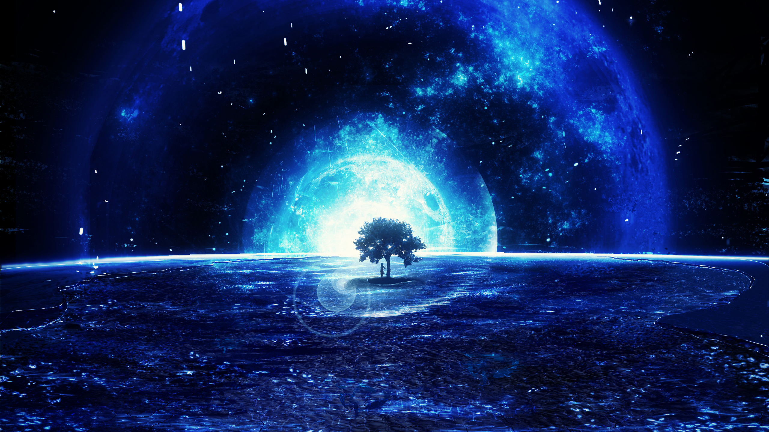 A lone tree on a planet with a large blue moon HD Wallpaper