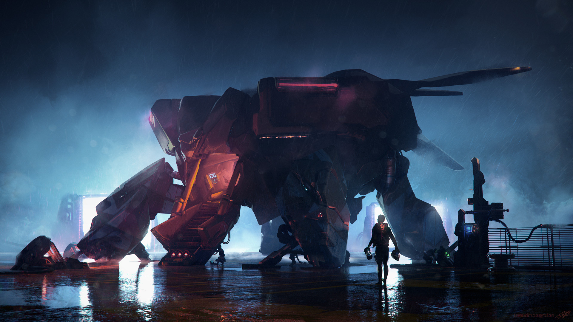 Futuristic mech on a rainy airstrip HD Wallpaper