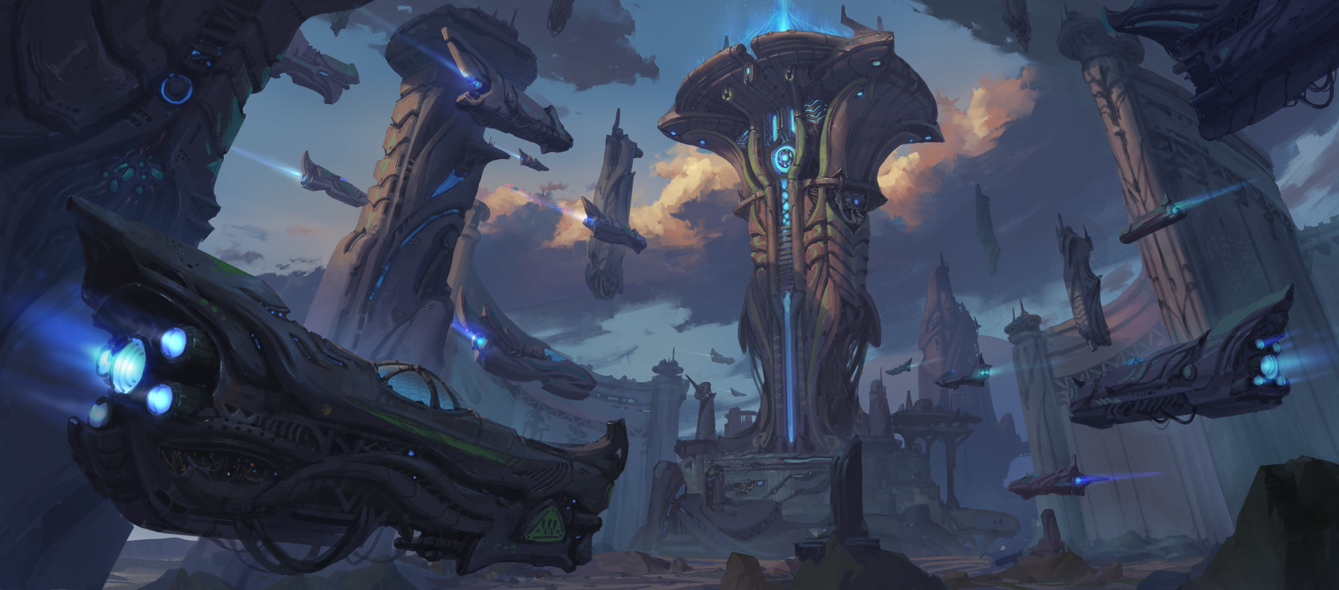 Futuristic cityscape with alien architecture and flying vehicles HD Wallpaper