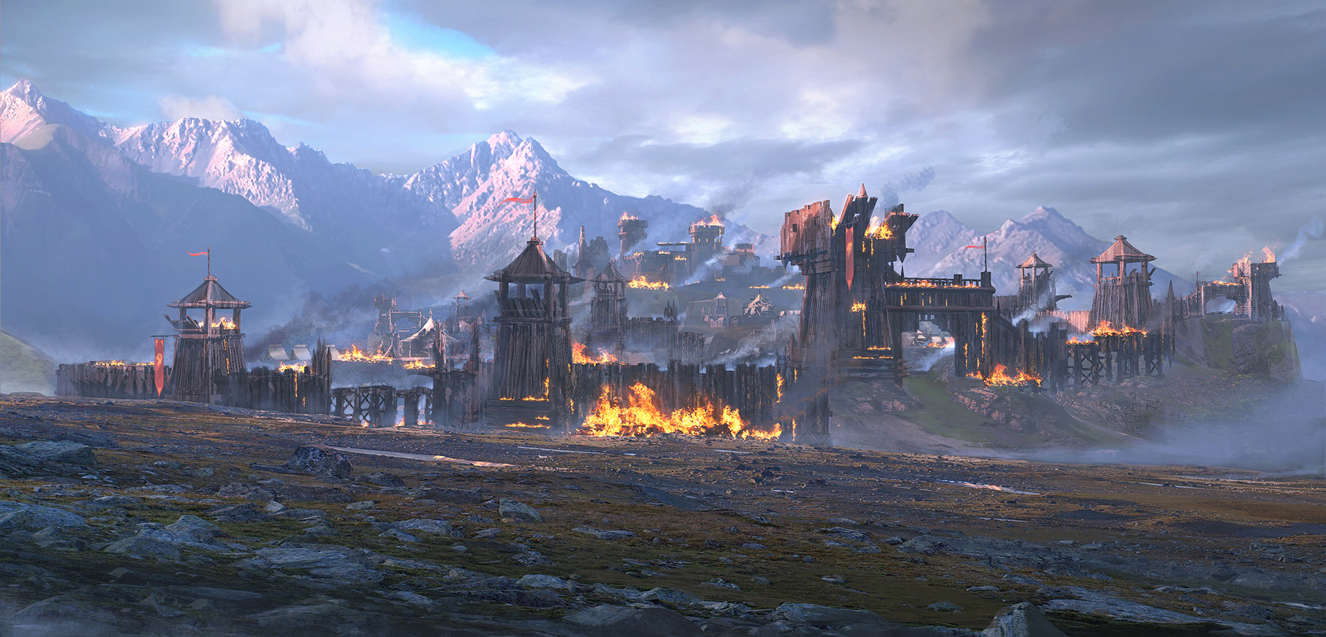 Burning wooden fortress in a mountain valley HD Wallpaper