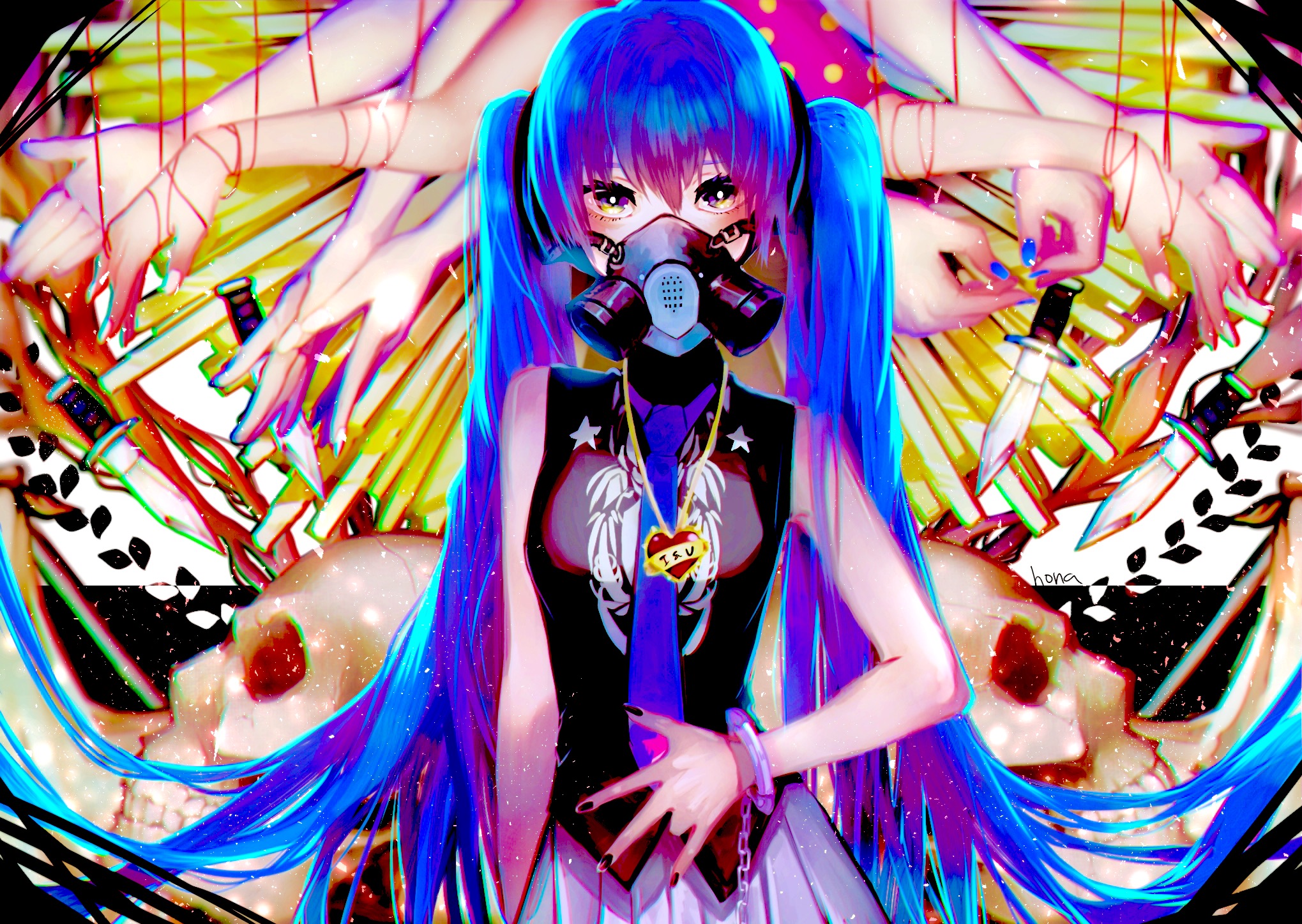 Hatsune Miku from Vocaloid with gas mask and knives HD Wallpaper