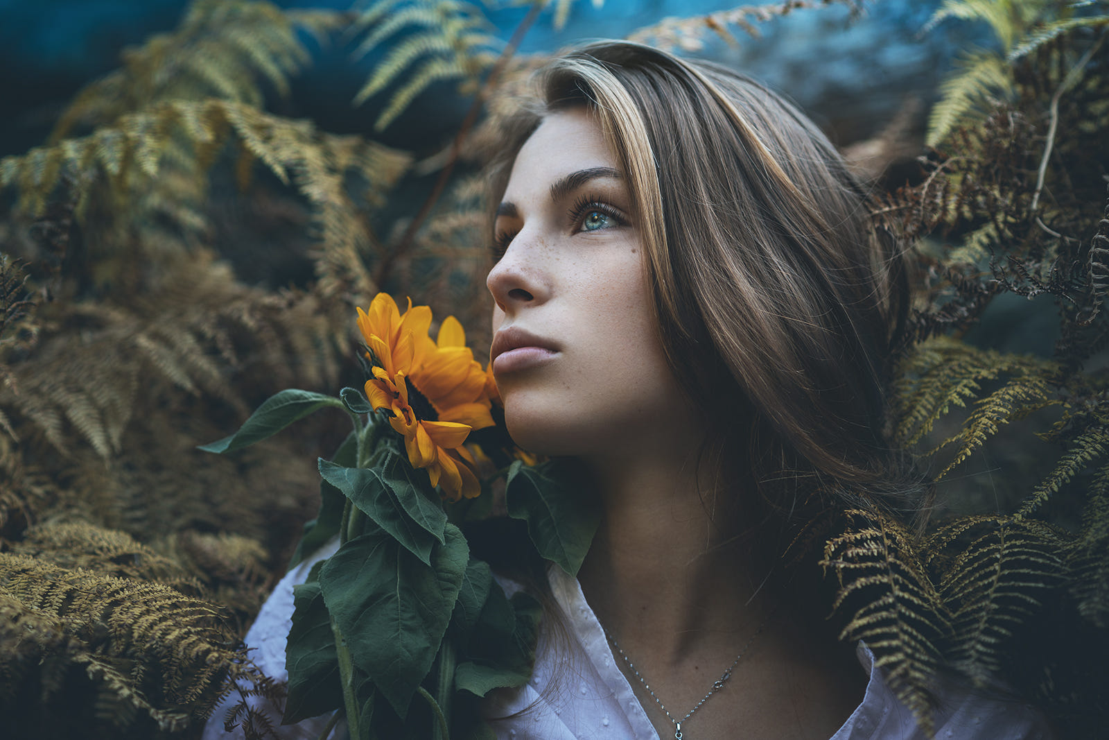 Woman with sunflower and ferns HD Wallpaper