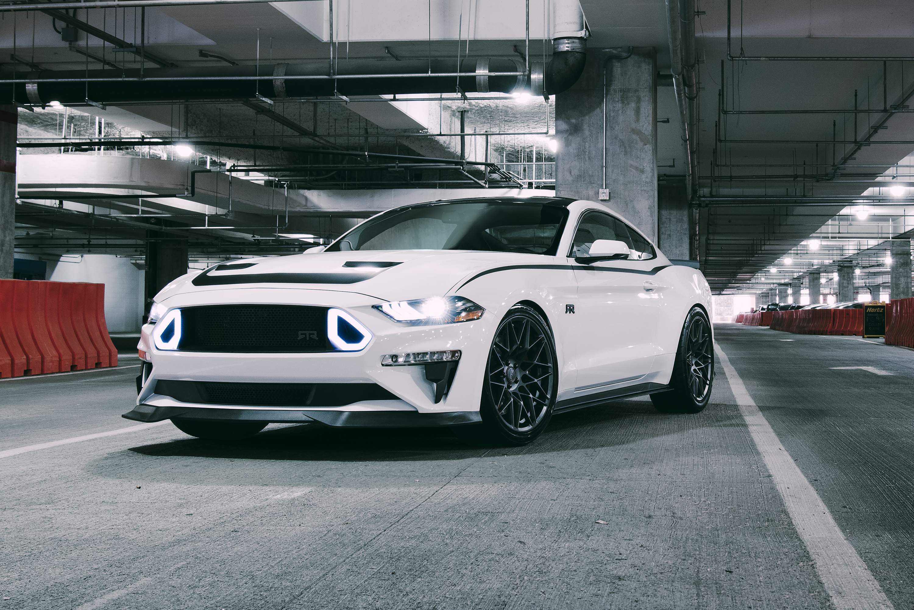 White Ford Mustang RTR in parking garage HD Wallpaper