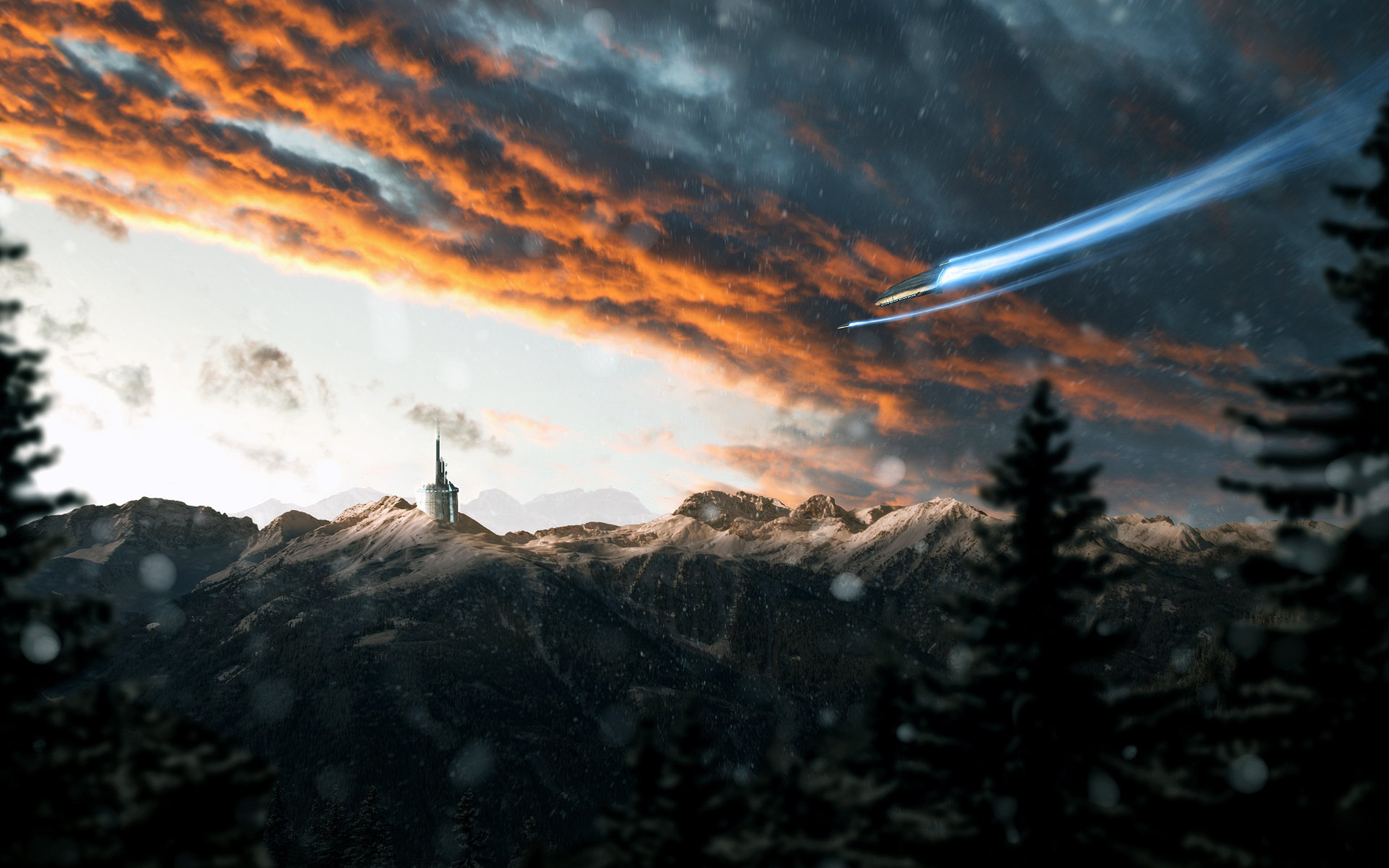 Spaceship flying over snowy mountains at sunset HD Wallpaper