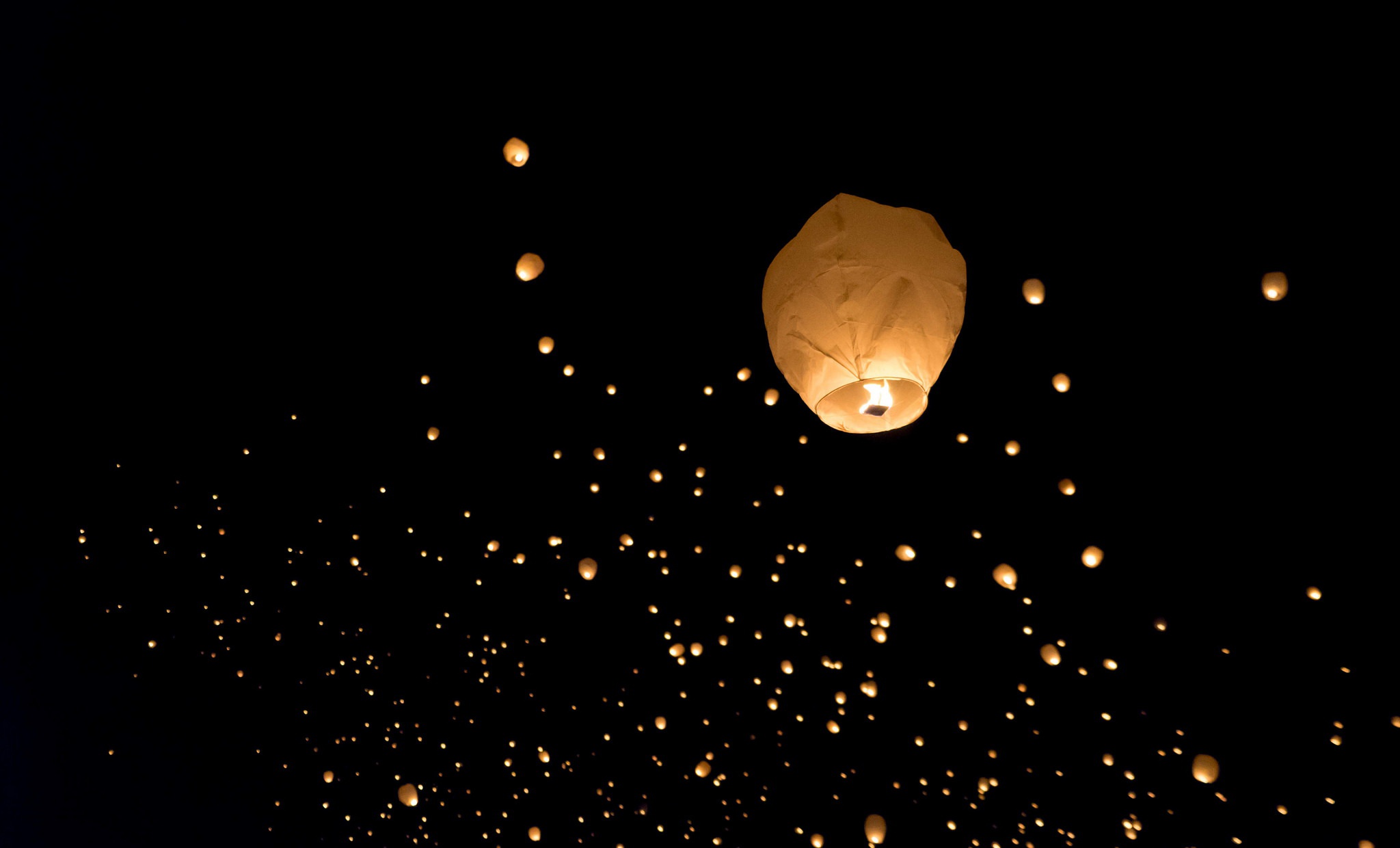 Many sky lanterns floating in the night sky HD Wallpaper