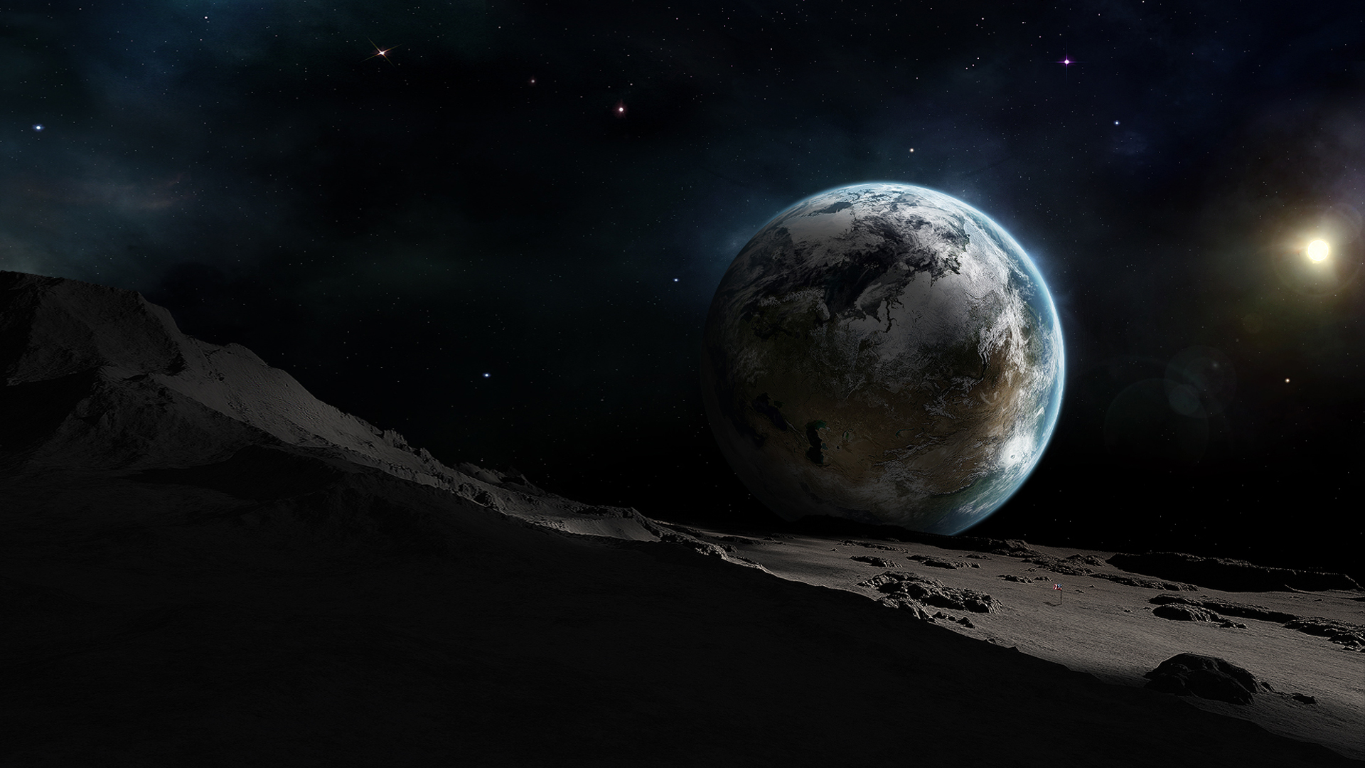 Earth seen from the Moon with stars and sun HD Wallpaper