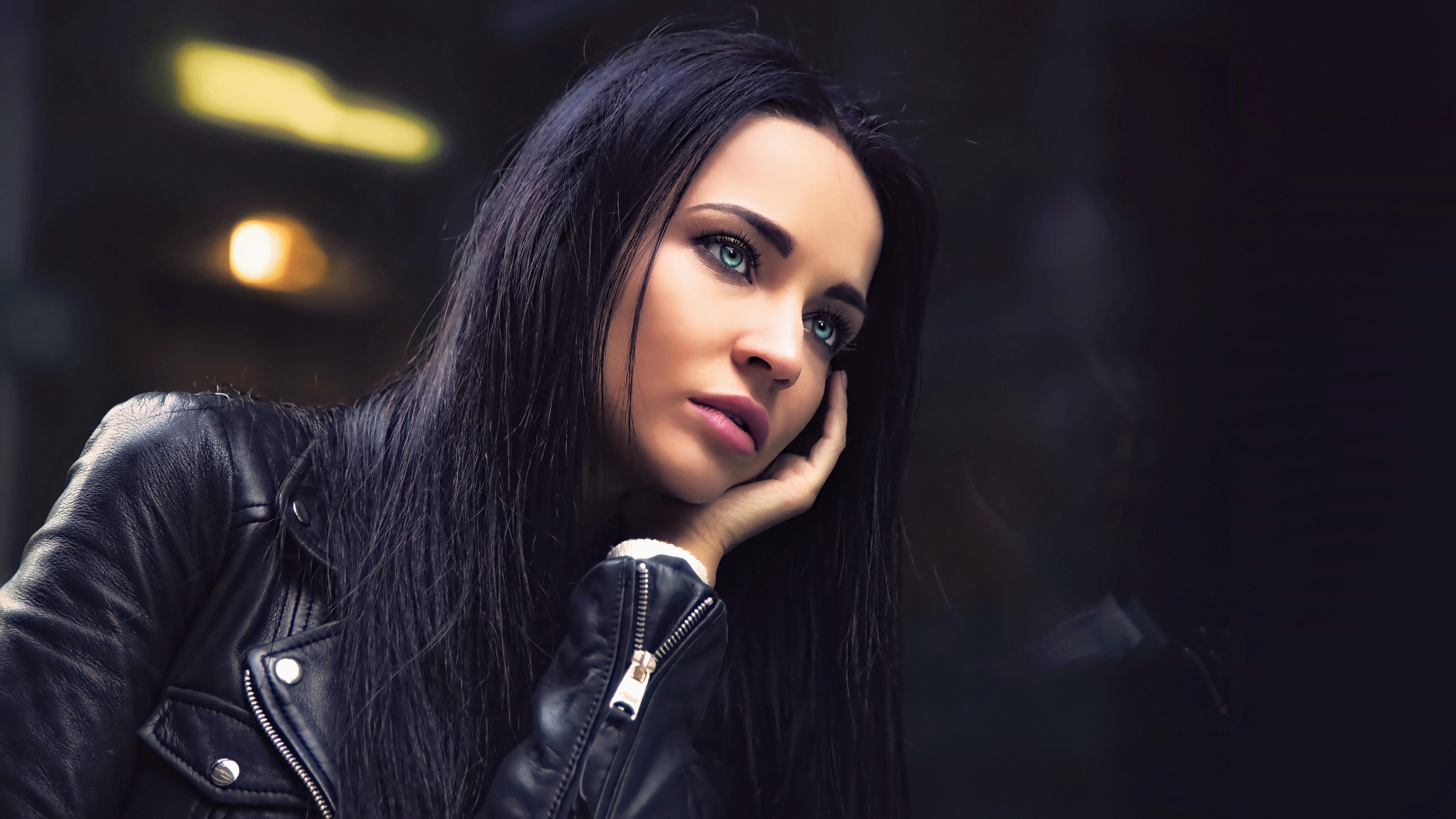 Brunette woman with long hair wearing a leather jacket HD Wallpaper