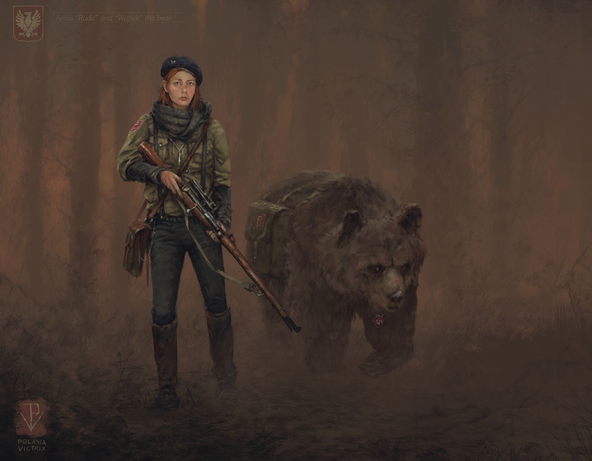 Anna "Ruda" and Wojtek the bear with a rifle HD Wallpaper