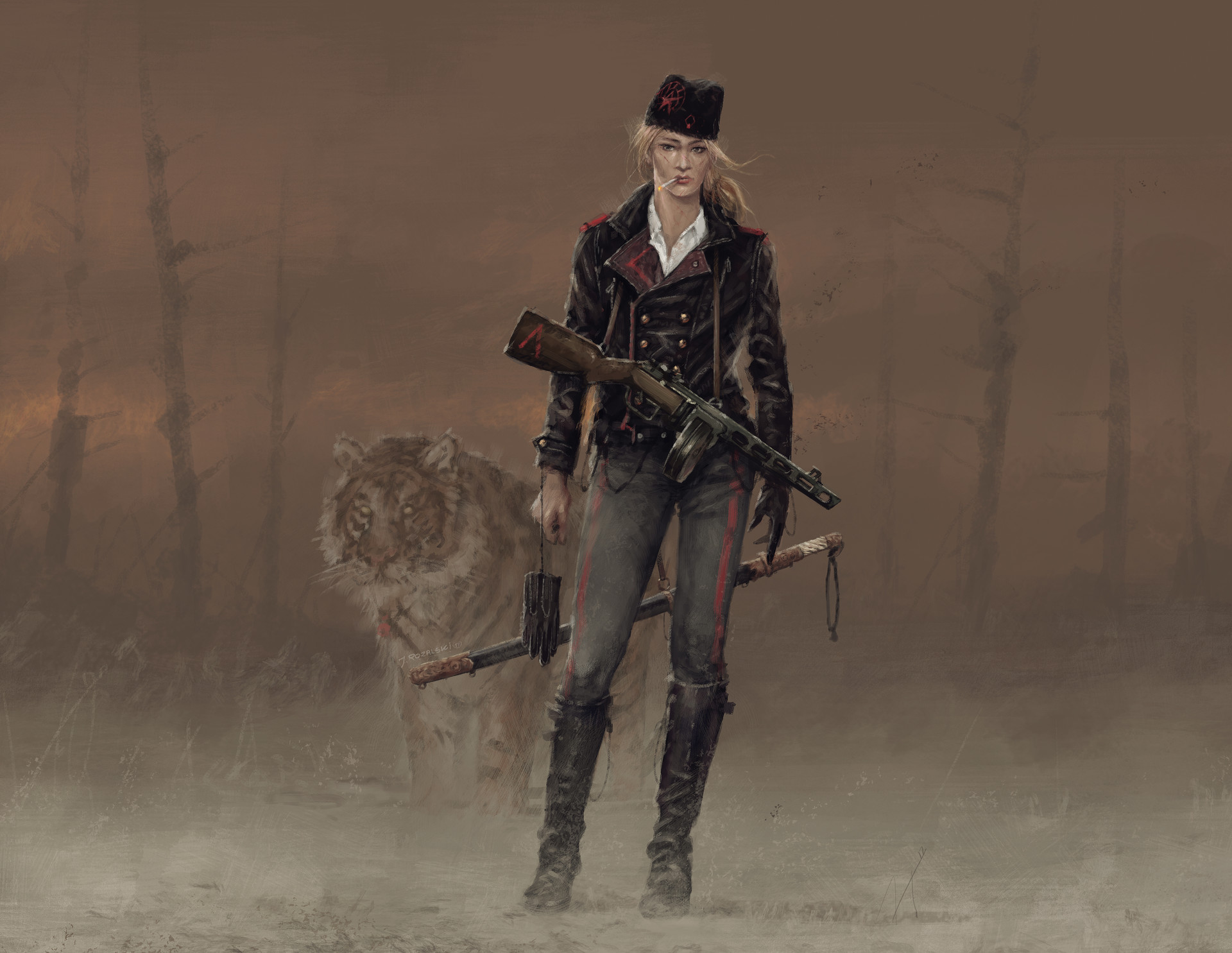 Woman with submachine gun and tiger HD Wallpaper