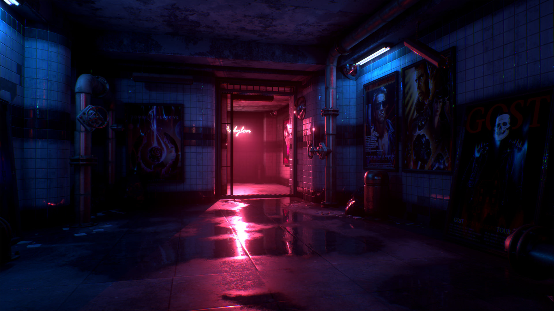 Cyberpunk subway with movie posters and neon sign HD Wallpaper