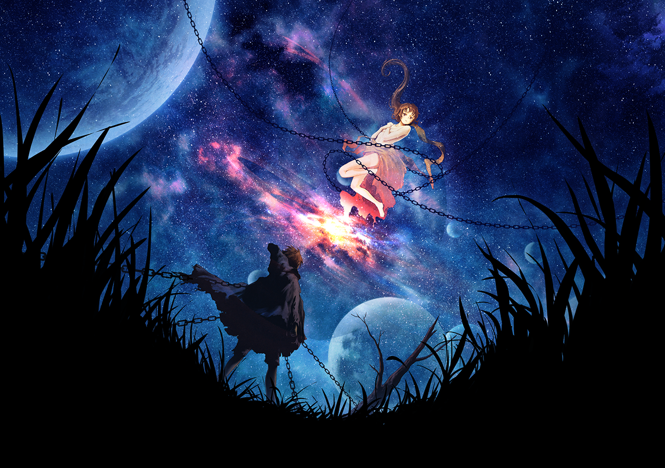 Two figures chained in a starry galaxy with planets HD Wallpaper