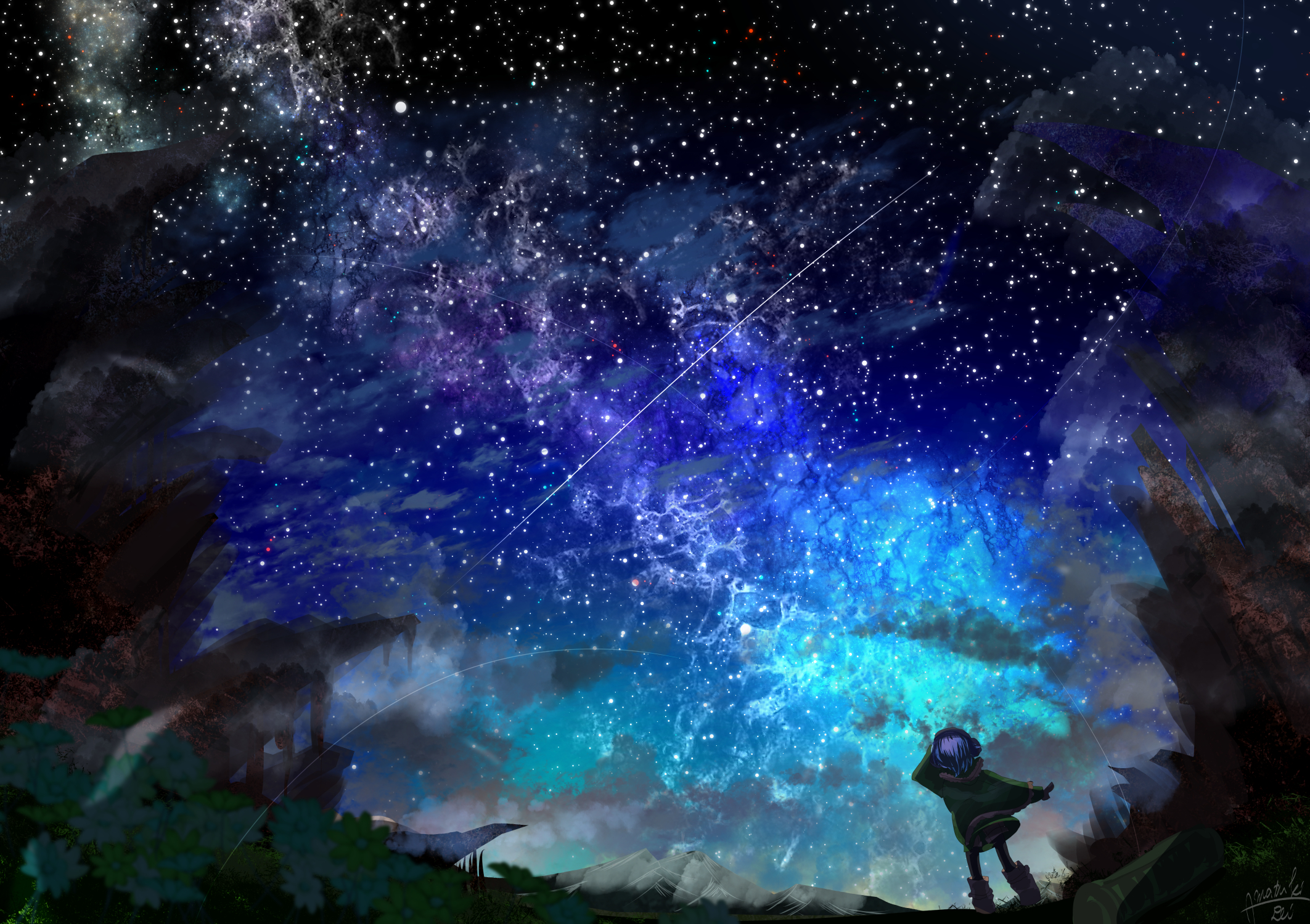 Person looking at a starry night sky with a nebula HD Wallpaper