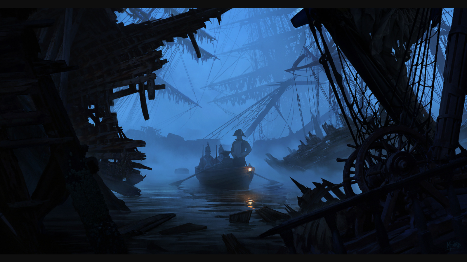 Pirates in a rowboat amidst shipwrecks in the mist HD Wallpaper