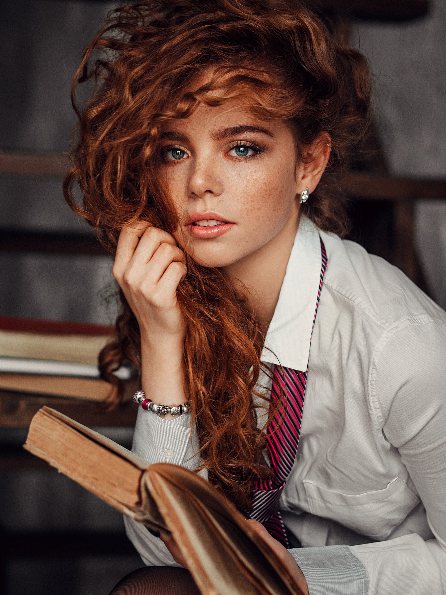 Redhead woman with freckles reading a book HD Wallpaper