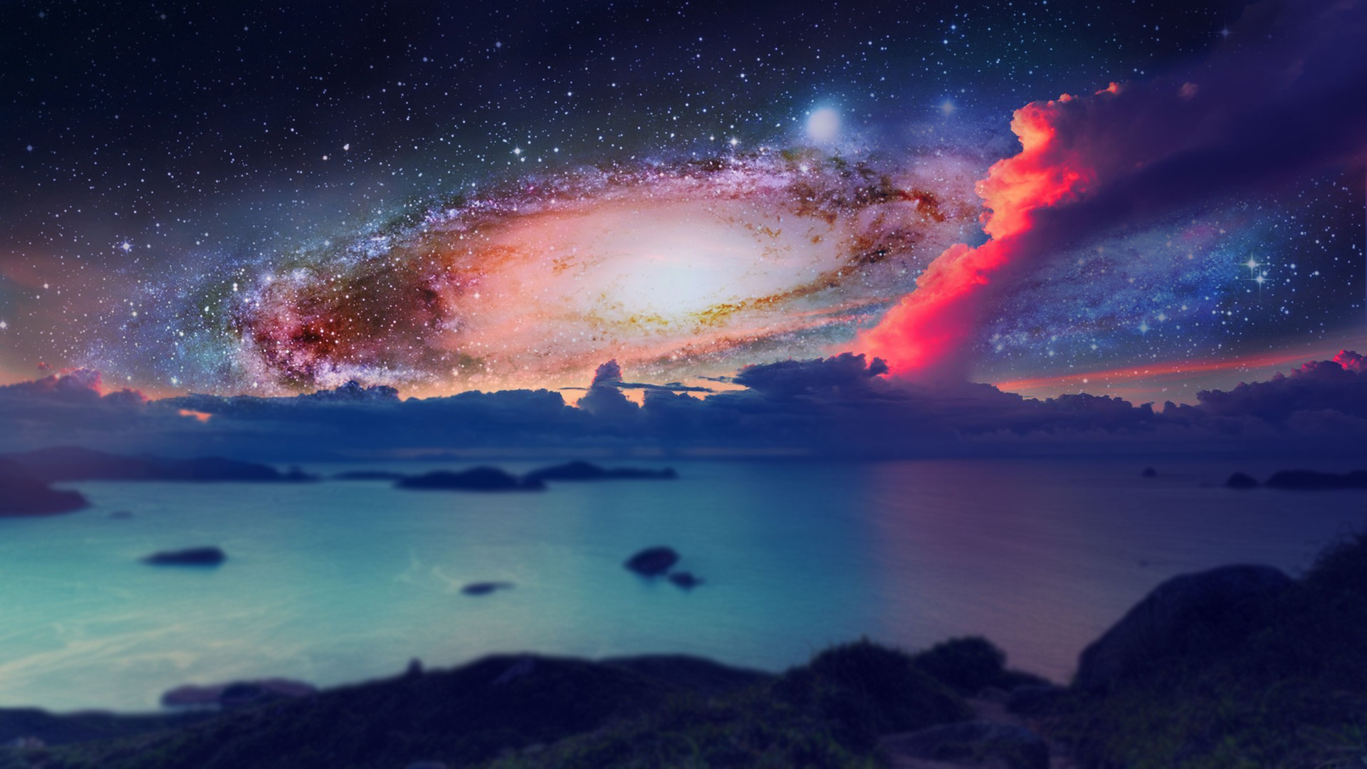 Galaxy over islands and ocean at night HD Wallpaper