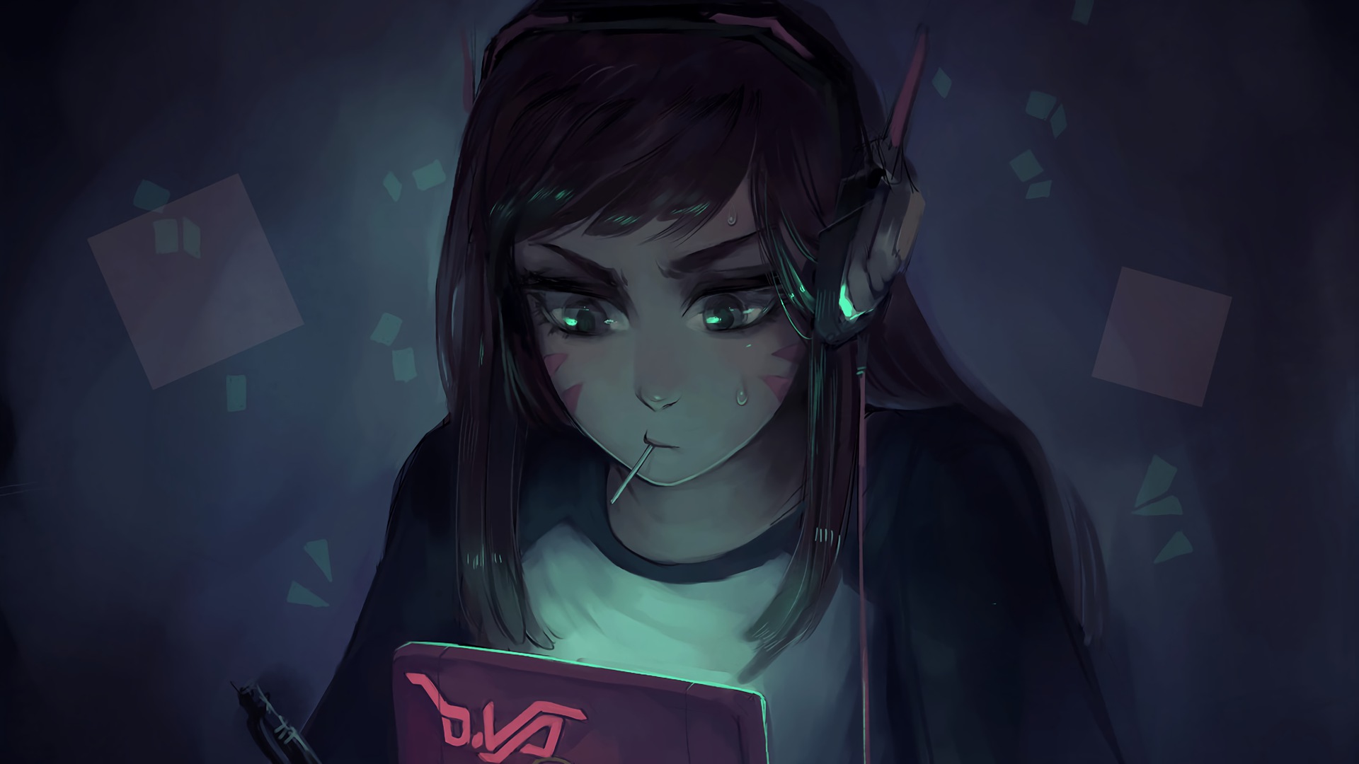 D.Va from Overwatch playing a handheld console HD Wallpaper
