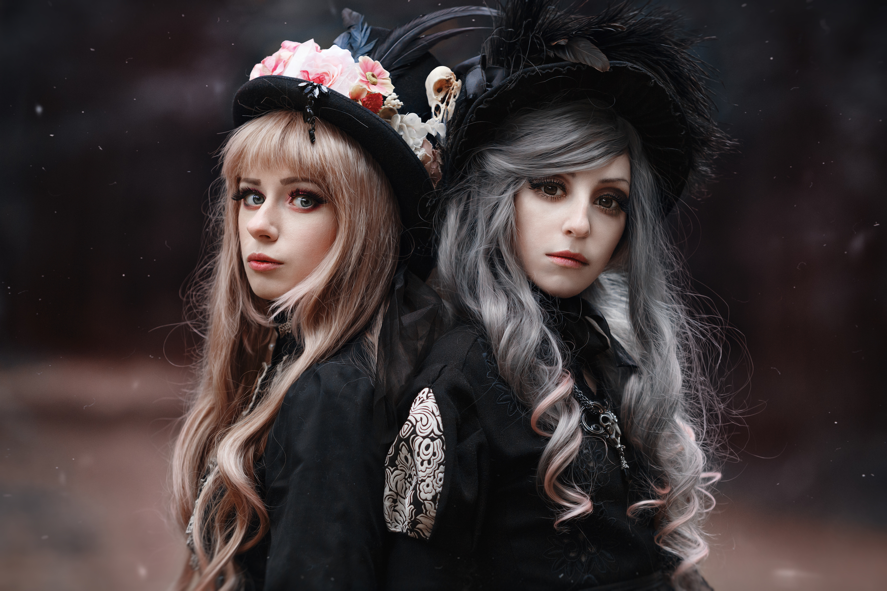 Two women in gothic attire with hats HD Wallpaper