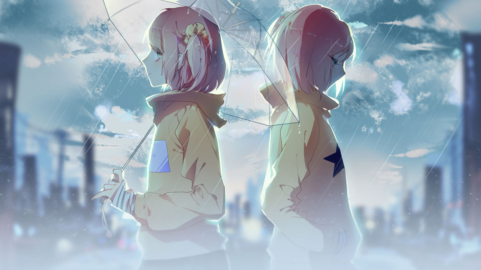 Two anime girls with pink hair under an umbrella in the rain HD Wallpaper