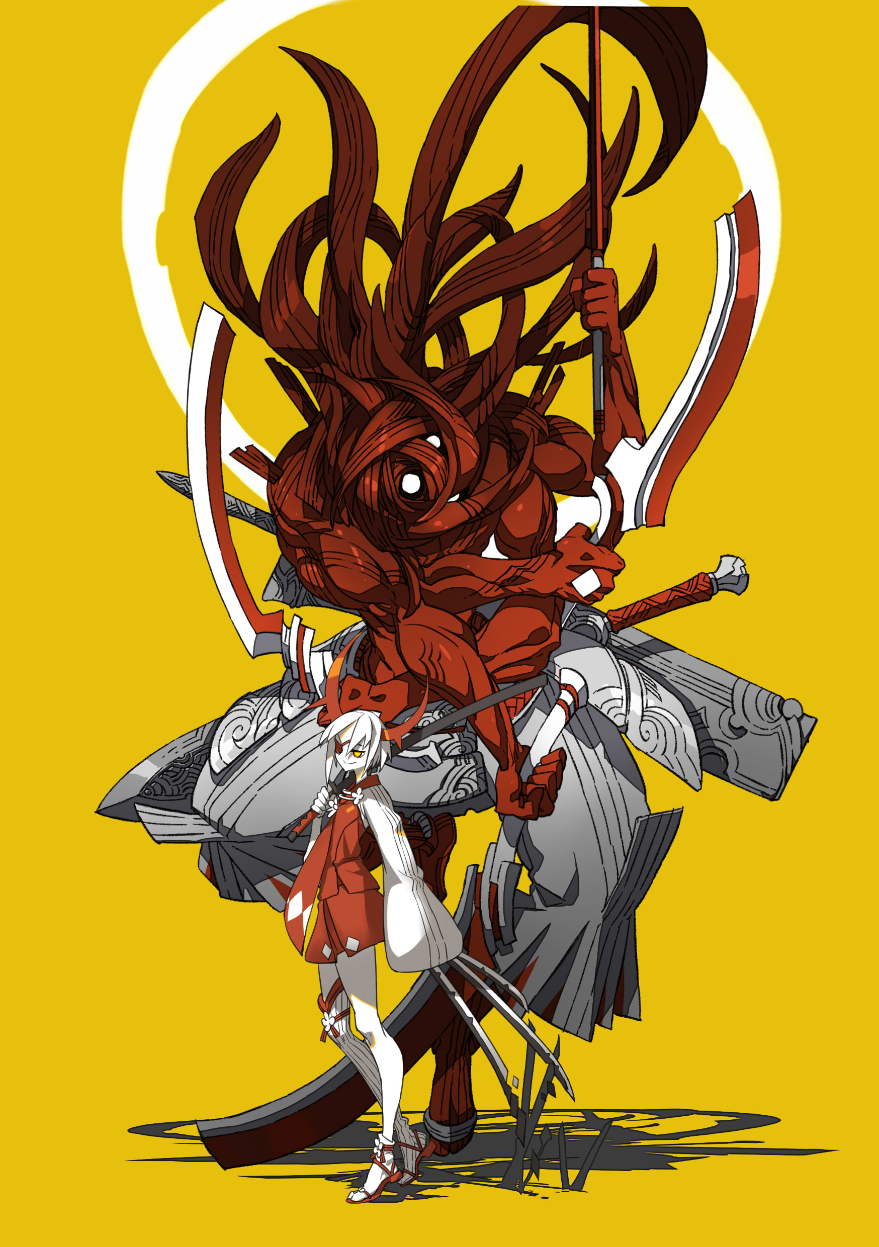 Anime girl with large red demon and weapons HD Wallpaper
