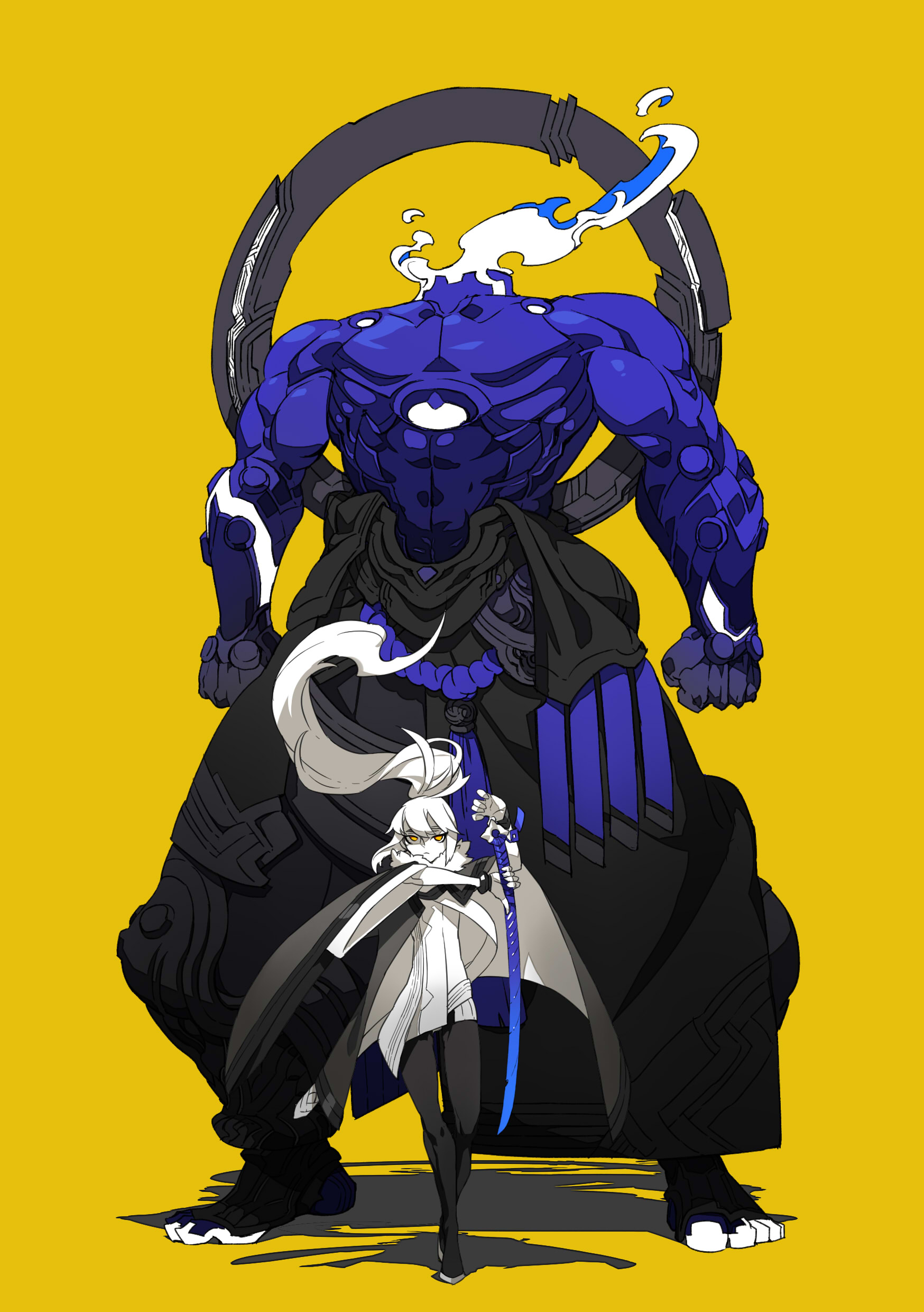 Anime characters with a giant blue demon and a small girl HD Wallpaper