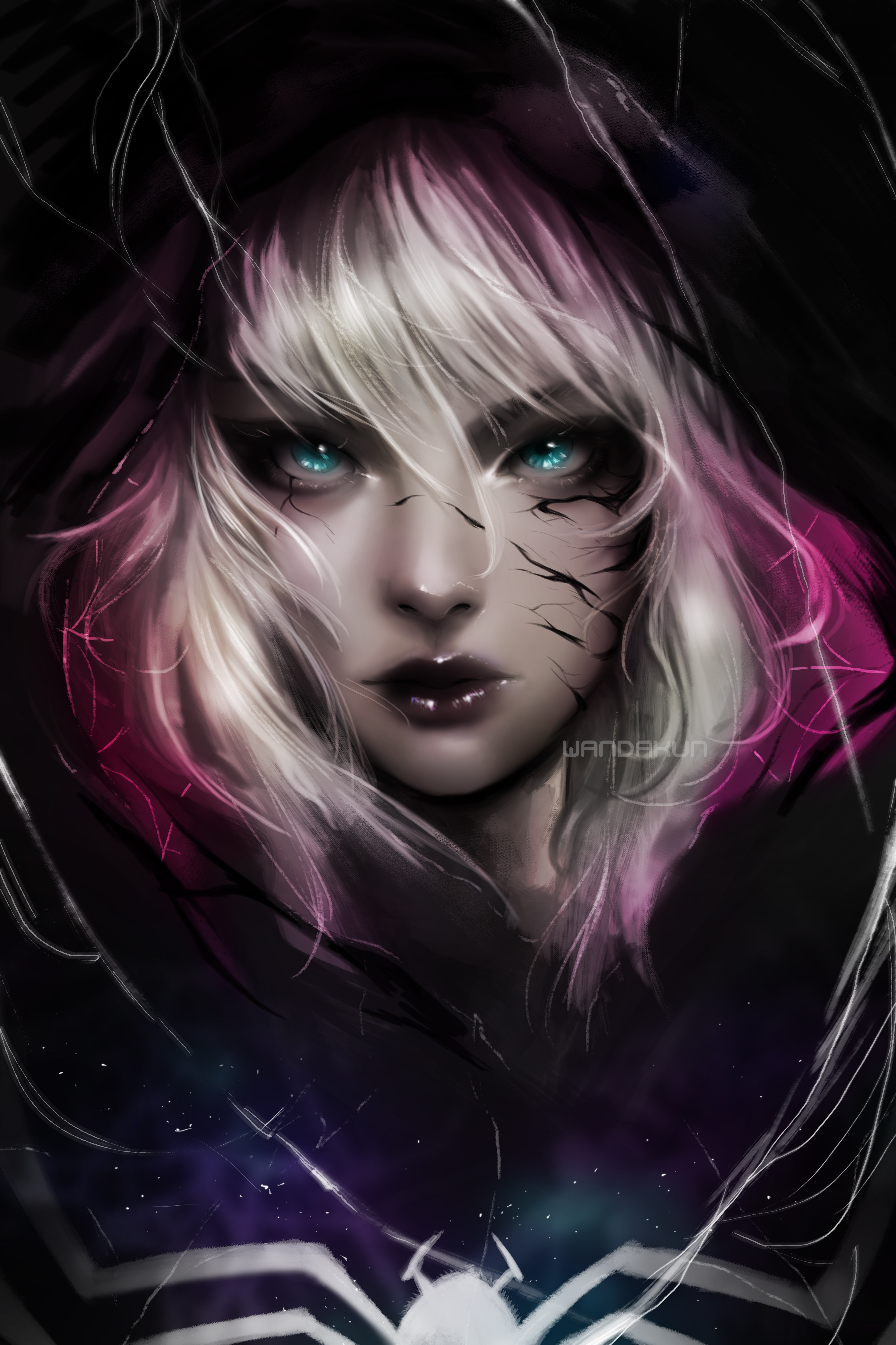 Venom, digital art, Marvel Comics, Spider-Man, Spider Gwen, fan art, blonde, portrait display, blue eyes, Spider-Gwen HD Wallpaper