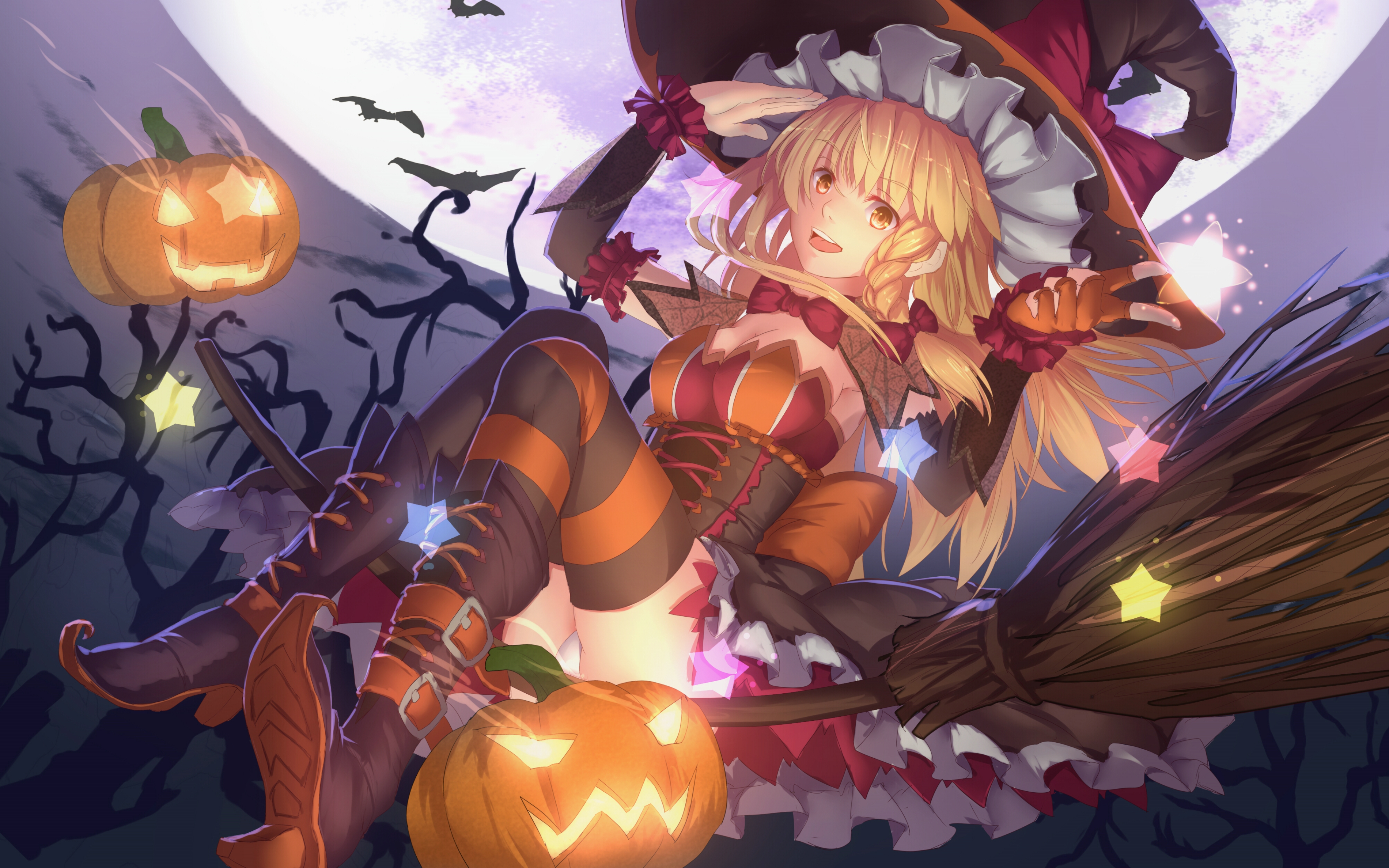 Kirisame Marisa from Touhou on a broomstick with pumpkins HD Wallpaper