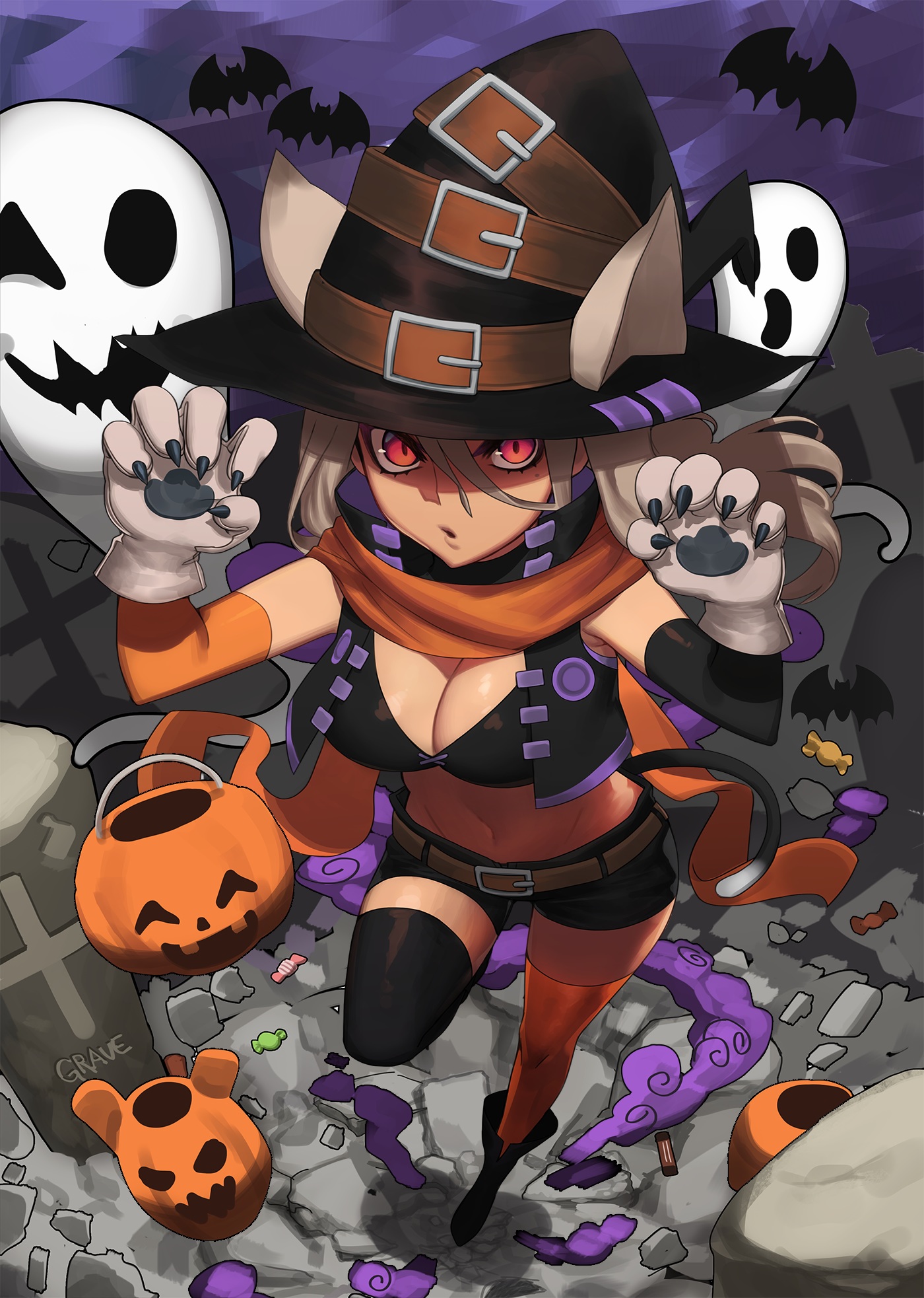 Nekomimi witch with pumpkin candy bucket on Halloween HD Wallpaper