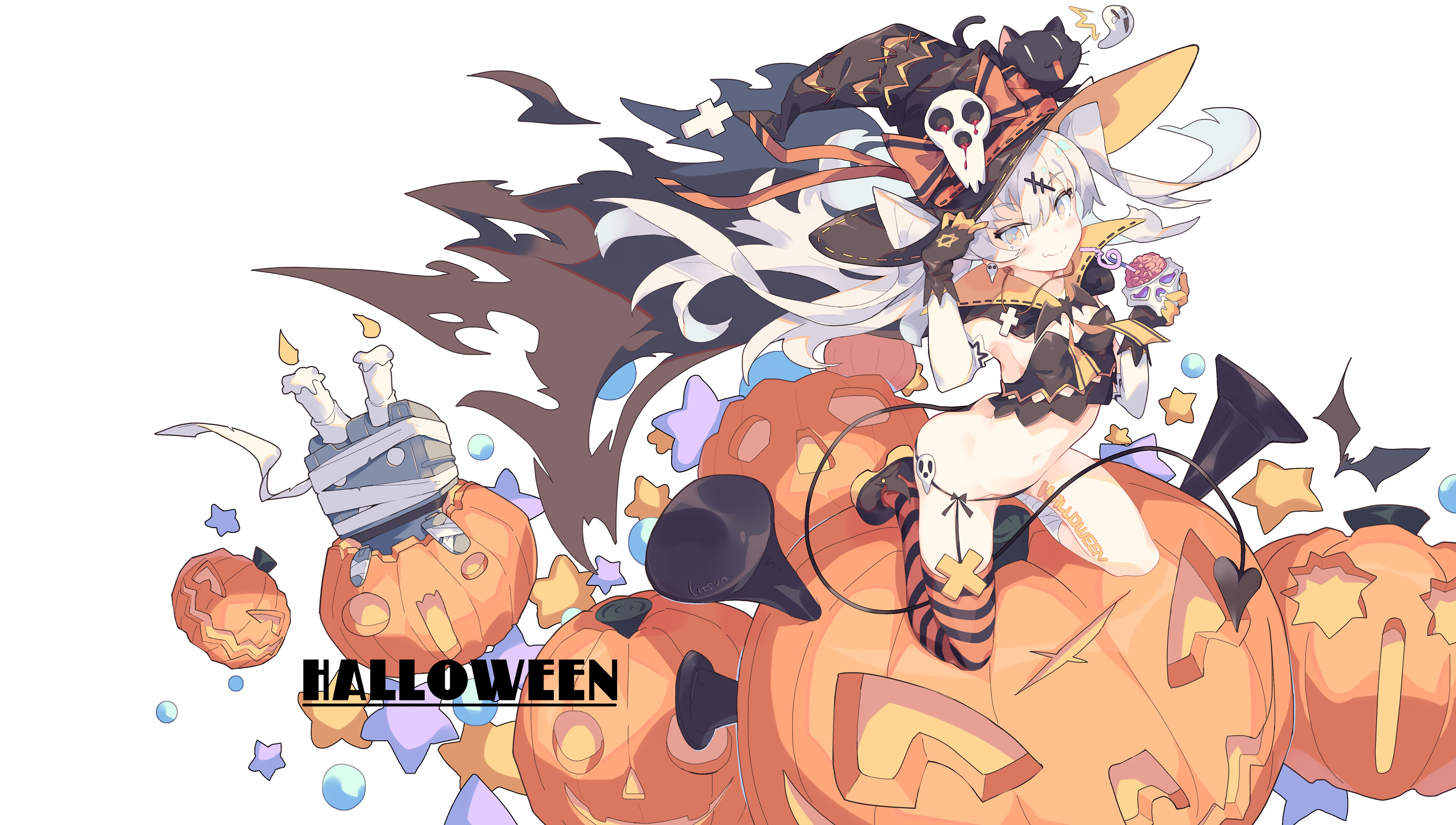 Halloween Witch with Cat and Pumpkins HD Wallpaper