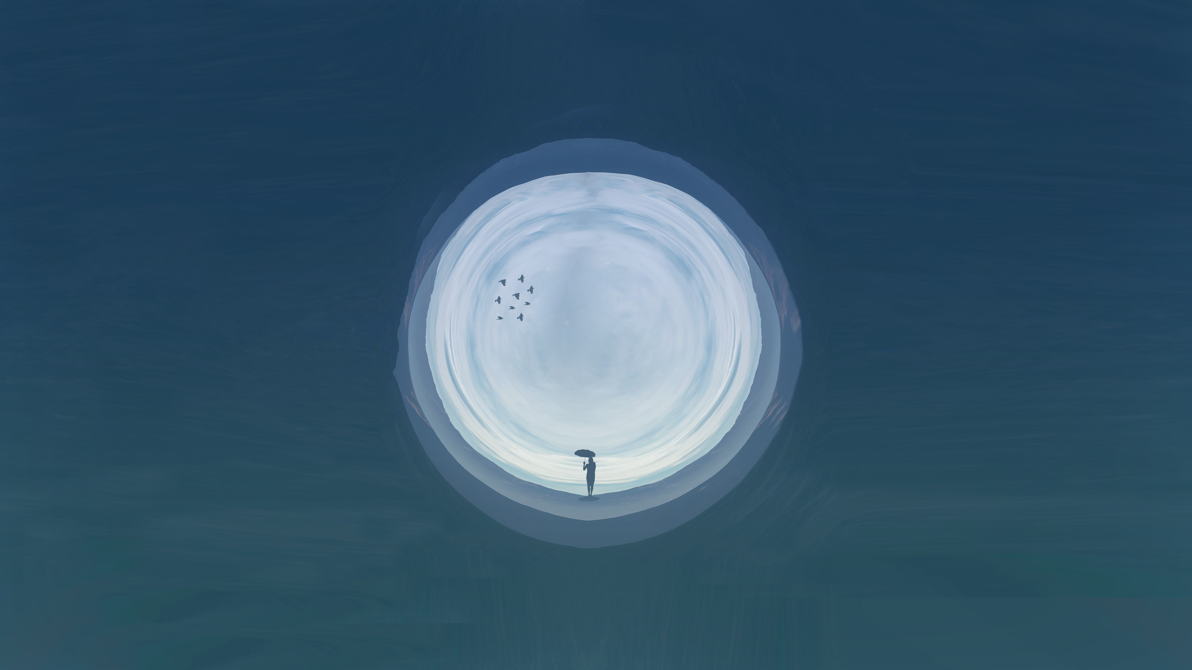 Silhouette of a person with an umbrella in a circular portal HD Wallpaper