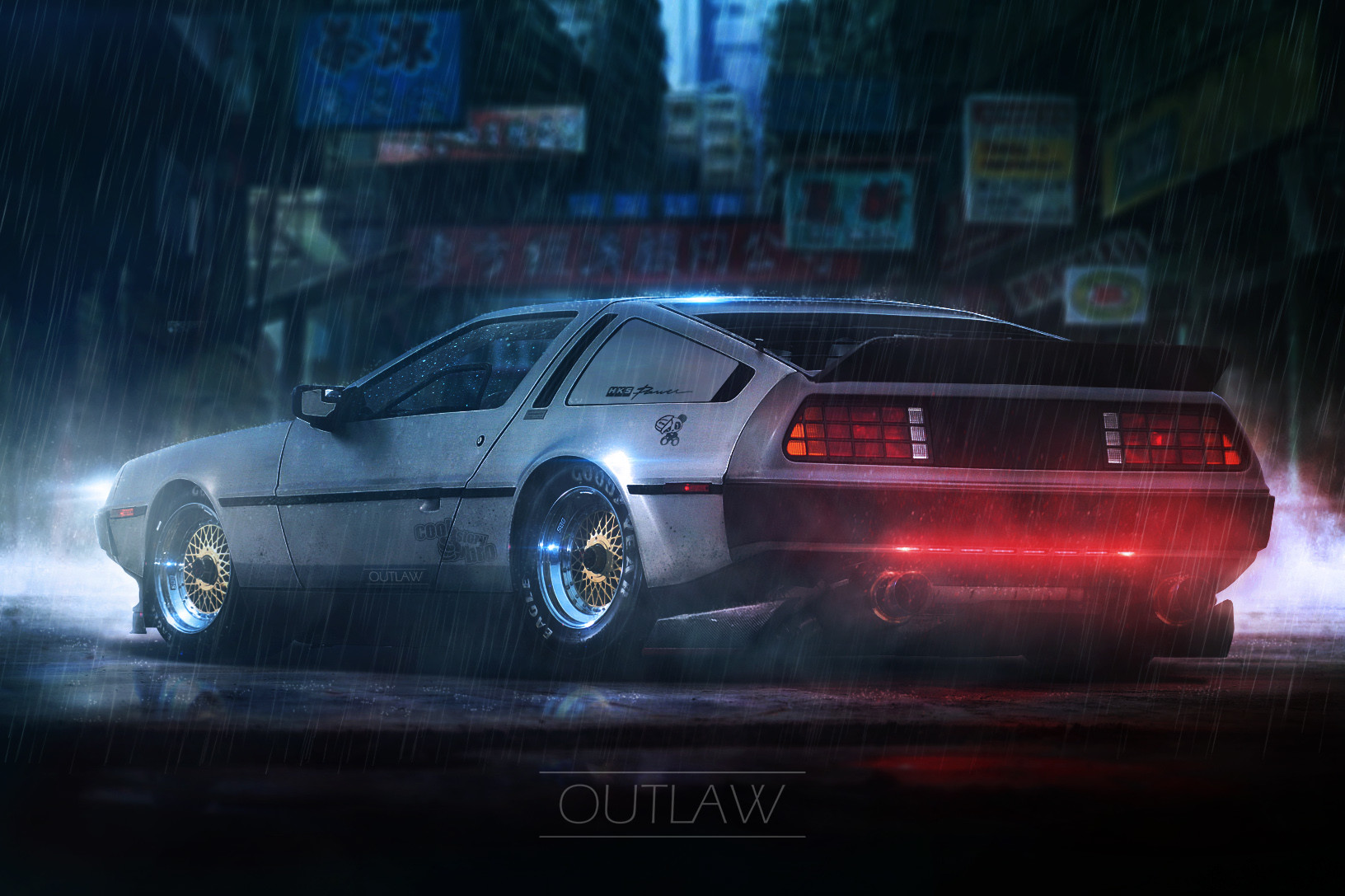 DeLorean car in the rain at night HD Wallpaper