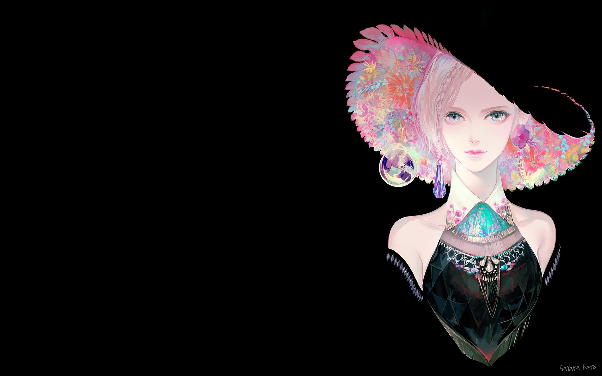 Woman with elaborate floral hat and jeweled dress HD Wallpaper