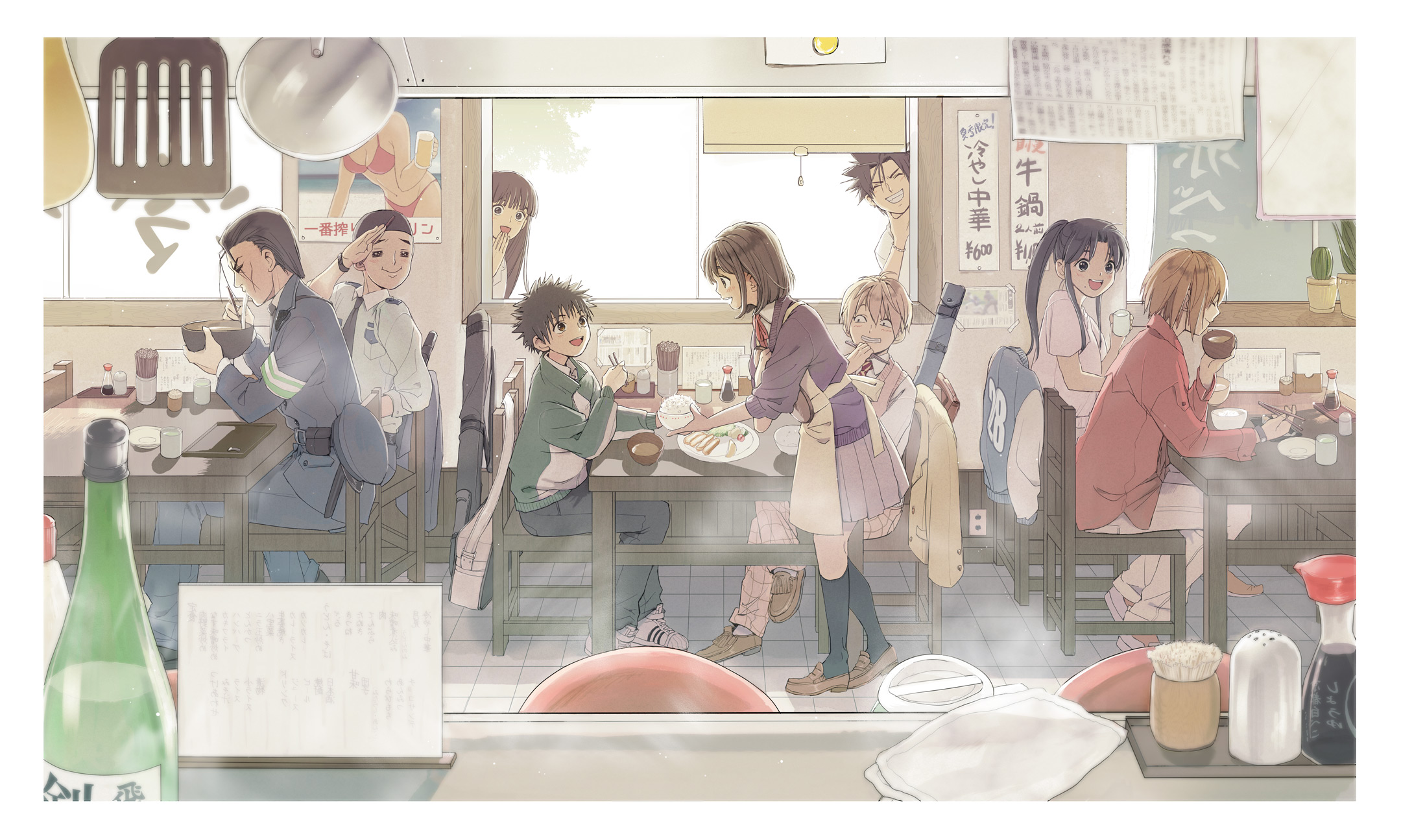 Anime characters eating at a restaurant HD Wallpaper
