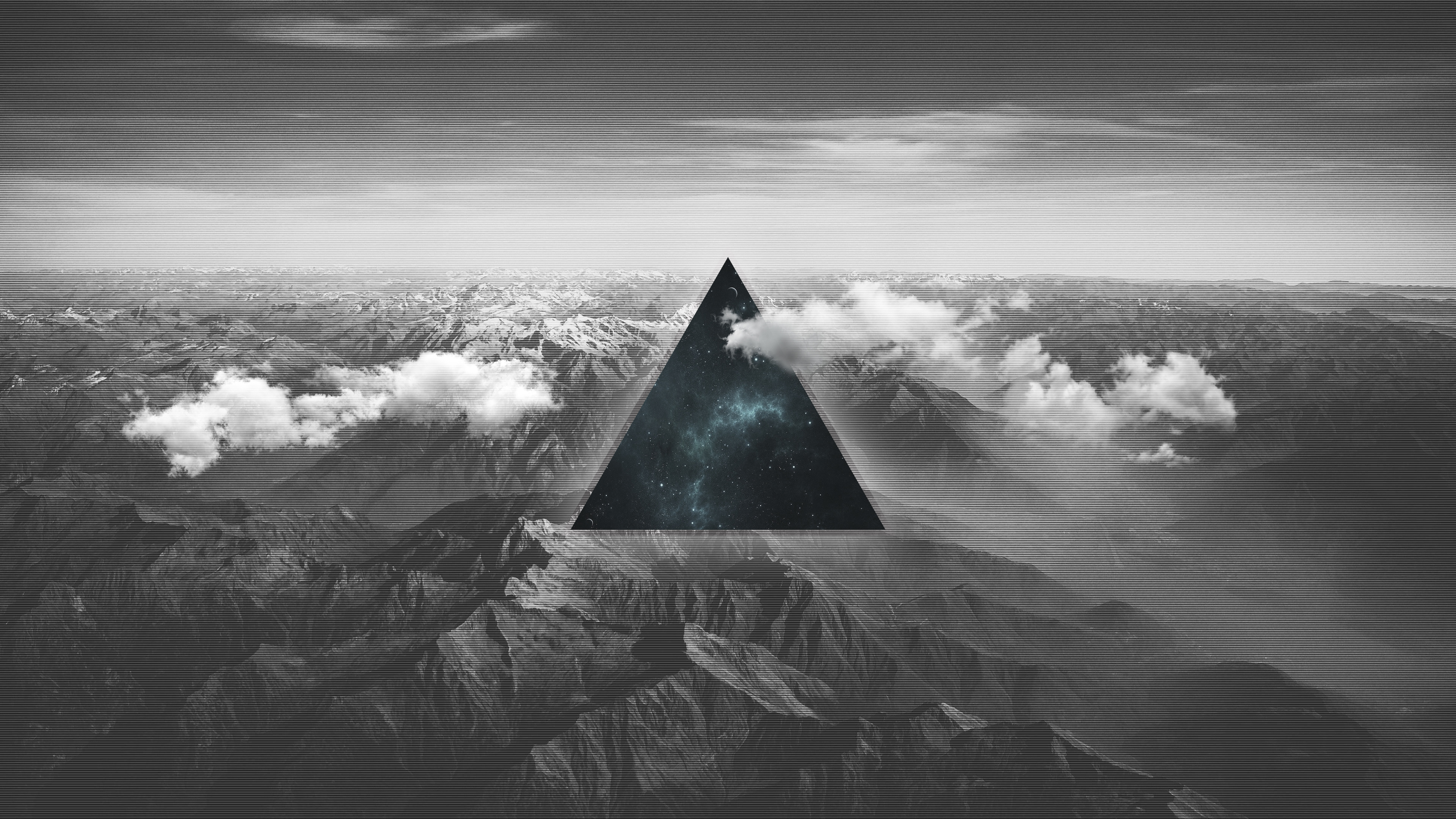 Black and white mountain landscape with a galaxy triangle HD Wallpaper