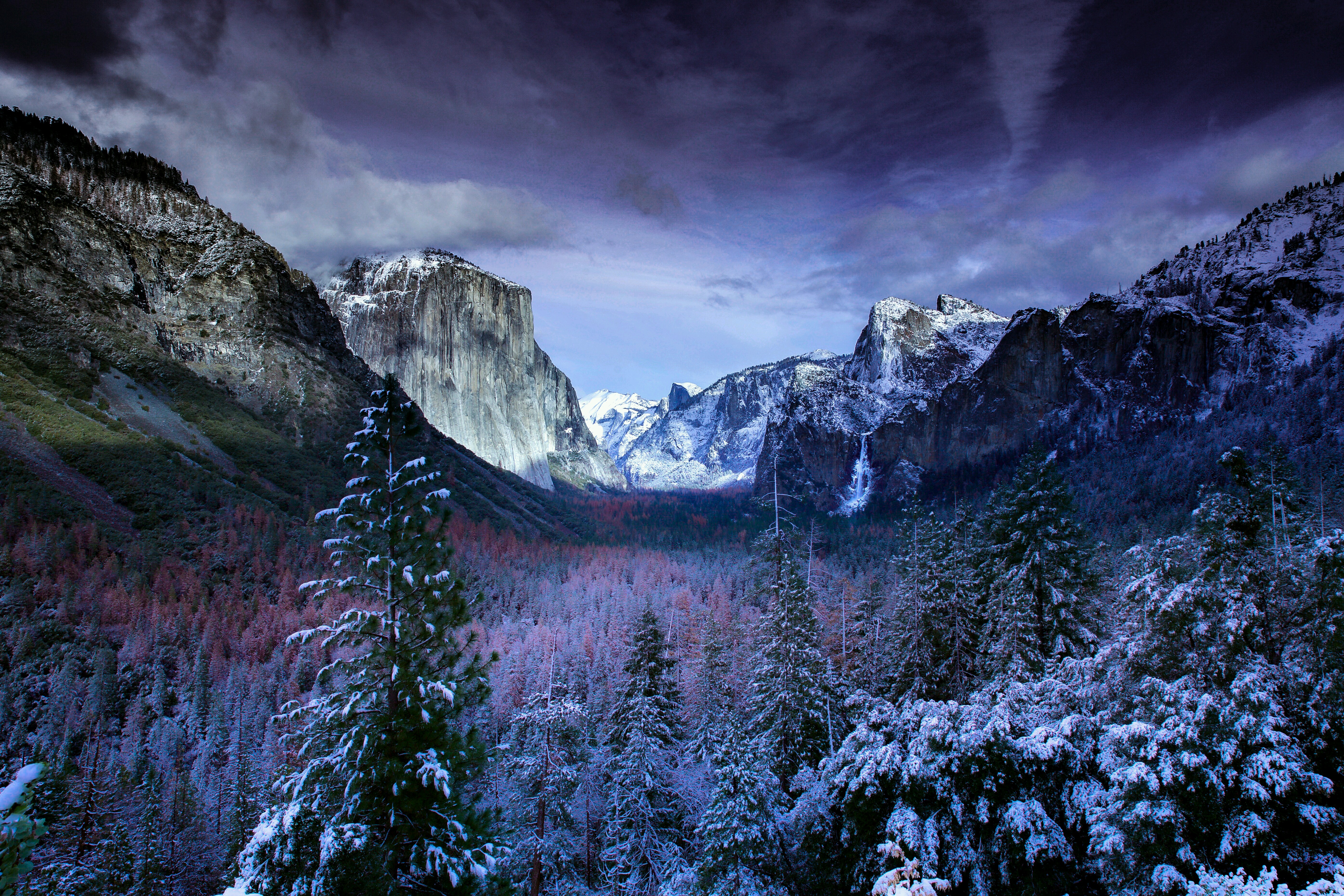 Winter scene in Yosemite Valley with El Capitan and Bridalveil Fall HD Wallpaper
