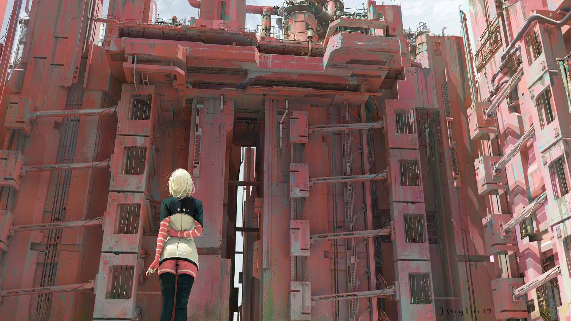 2B from NieR: Automata in a red industrial complex HD Wallpaper