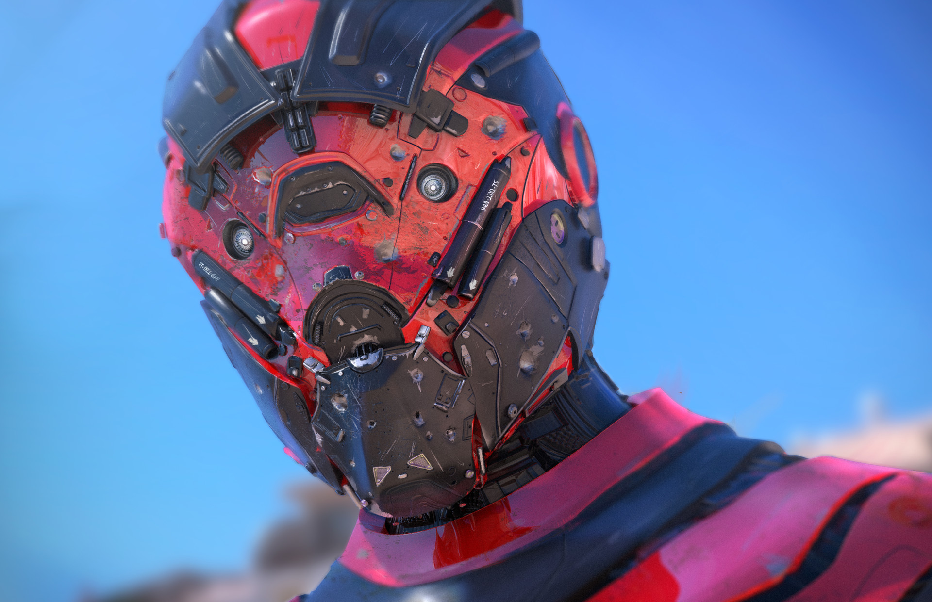 Red and black robot head with blue sky HD Wallpaper